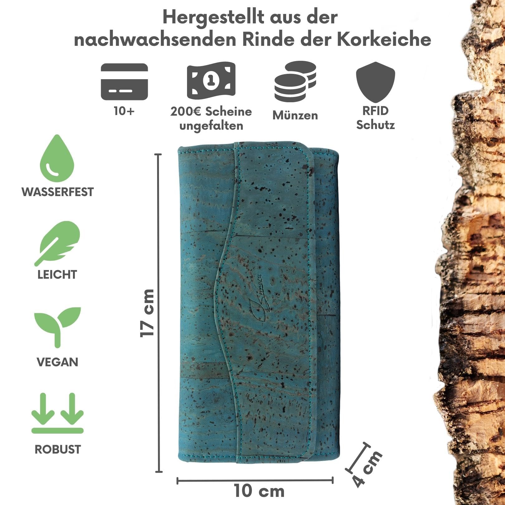 Simaru Damen Geldbörse aus Kork, veganes nachhaltiges Portemonnaie mit RFID-Schutz, Geldbeutel Made in EU, robust und wasserabweisend
