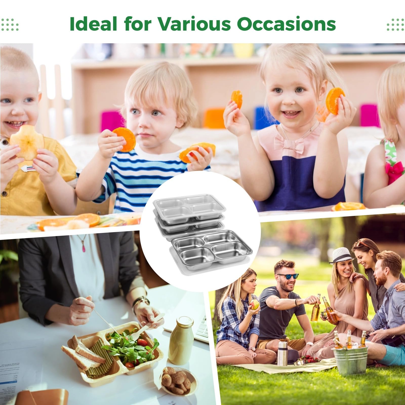 Lot de 4 boîtes à bento en acier inoxydable avec couvercles pour enfants et adultes, plateaux à déjeuner réutilisables