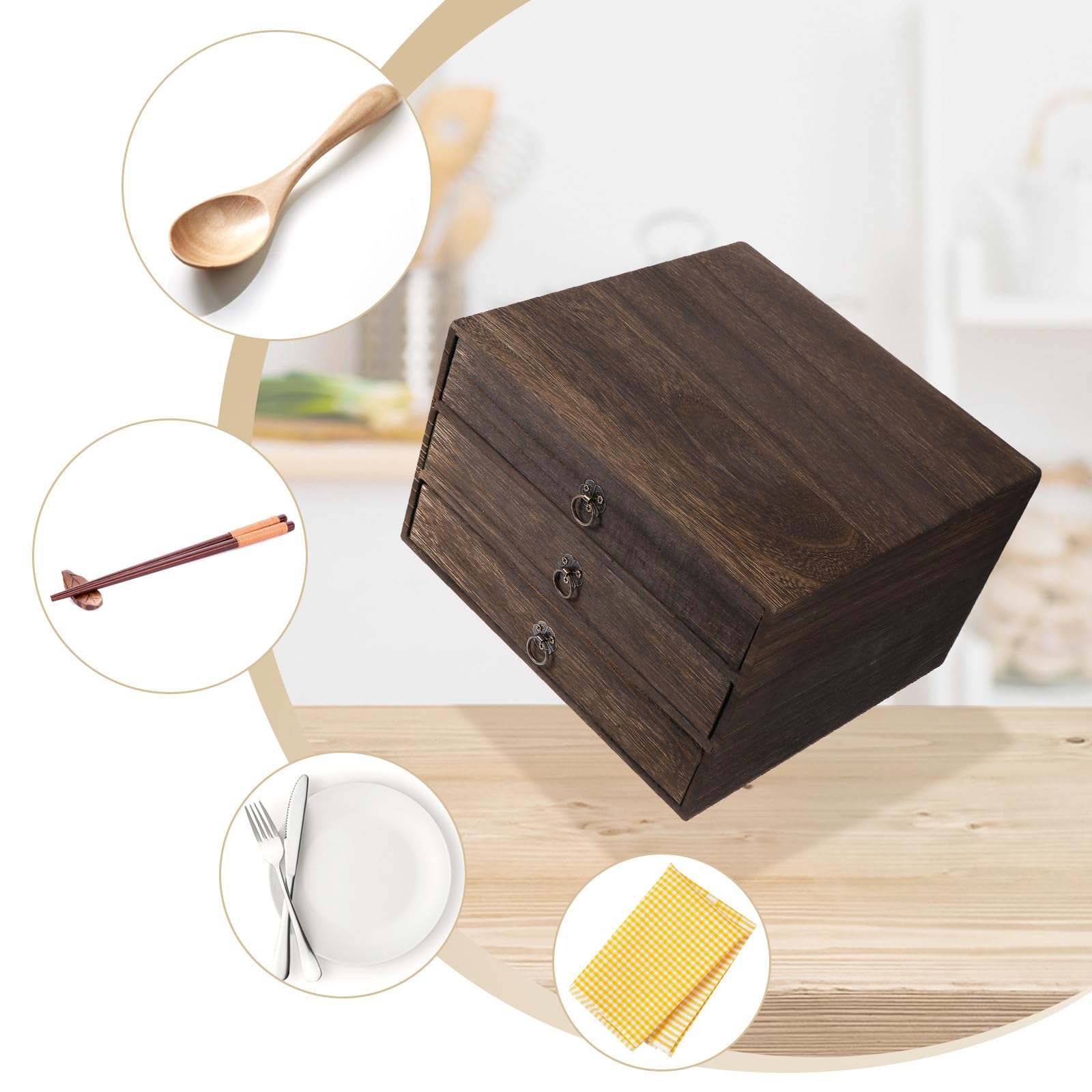 Mobile Salvaspazio in Legno a 3 Strati Design Retrò e Anello di Tiro, Organizer per Scrivania per Uso Domestico e Ufficio