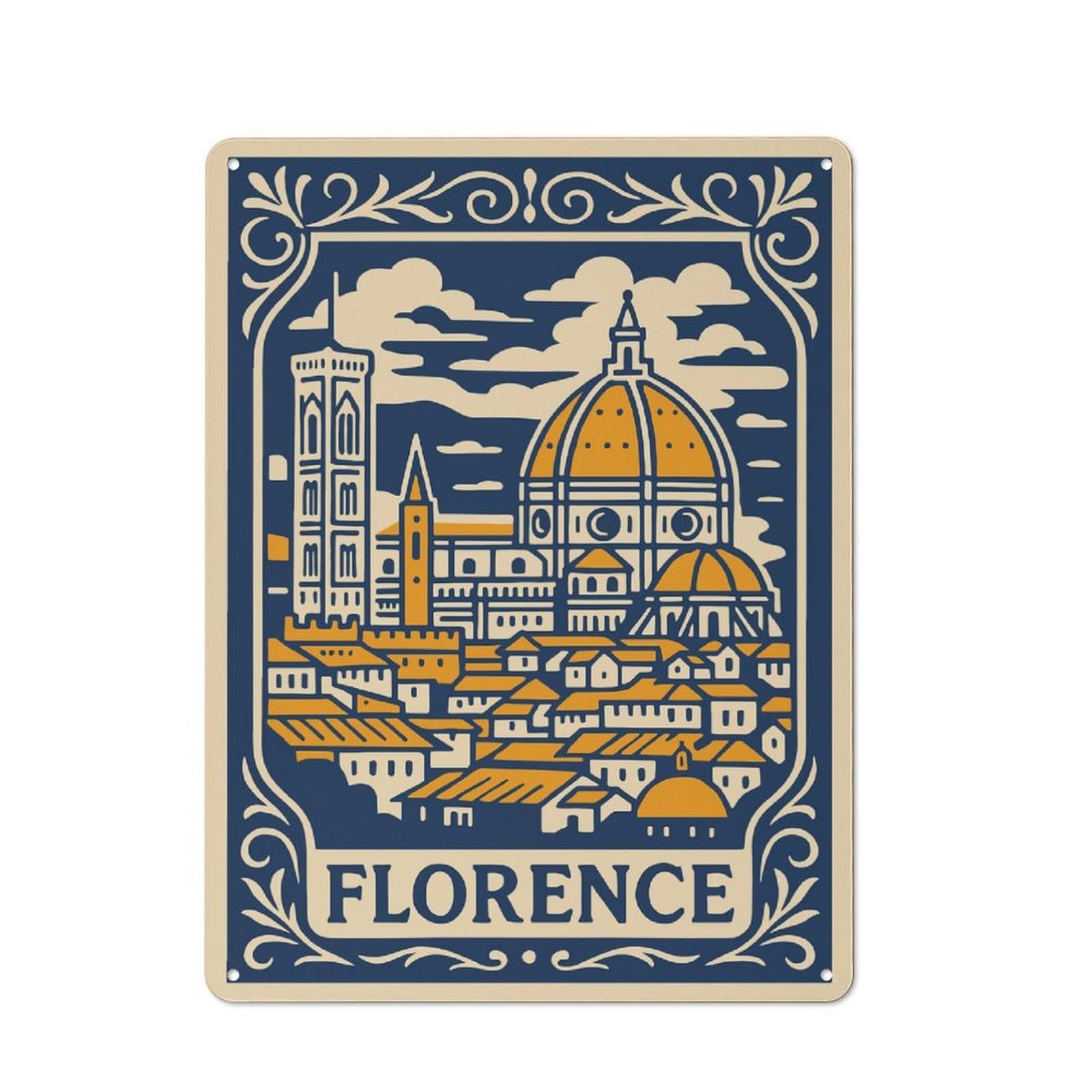 Junmoney Style-2 Florence Cityscape Illustration Retro-Style Tin Sign 40X30cm For Guest Room Or Hallway, A Christmas Gift For People Styling Guest Room And Hallway