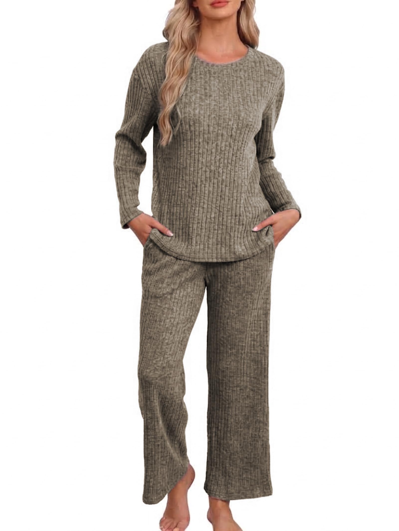 Famulily Schlafanzüge Für Damen Lang Hausanzug Zweiteiler Loungewear Set | Frauen,Rippstrick,Langarm,Rundhals Pullover,Kordelzug Weites Bein Hose,Nachtwäsche,Elegant Herbst Winter Casual