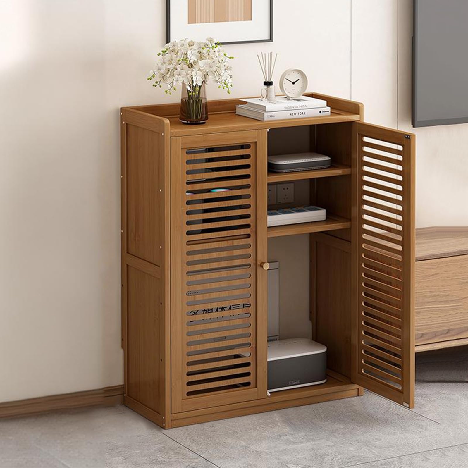 DECAKE Floor Standing Router Storage Cabinet with Multi-Layer Shelves, Invisible WiFi Modem Hider for Home and Office Organization