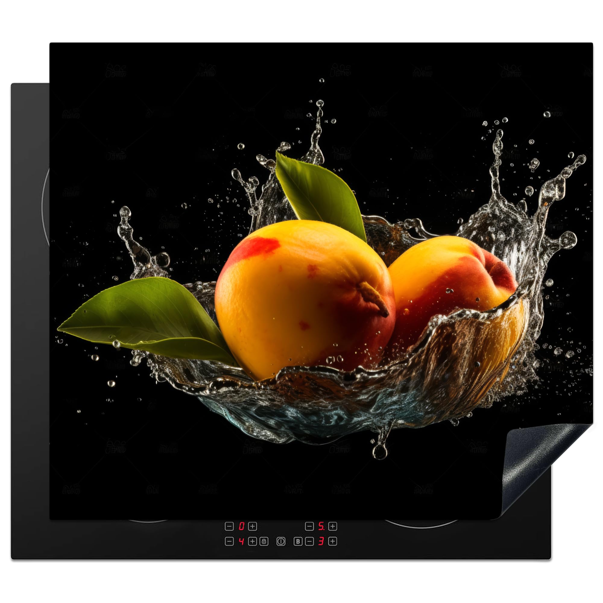 KitchenYeah© Induction Hob Cover Protector Mat 20.2"x22.9" / 58.3x51.3 cm Kitchen Universal Ceramic Covers for Electric Cookers Vinyl Mango - Fruit - Water - Black - Leaf — image 1