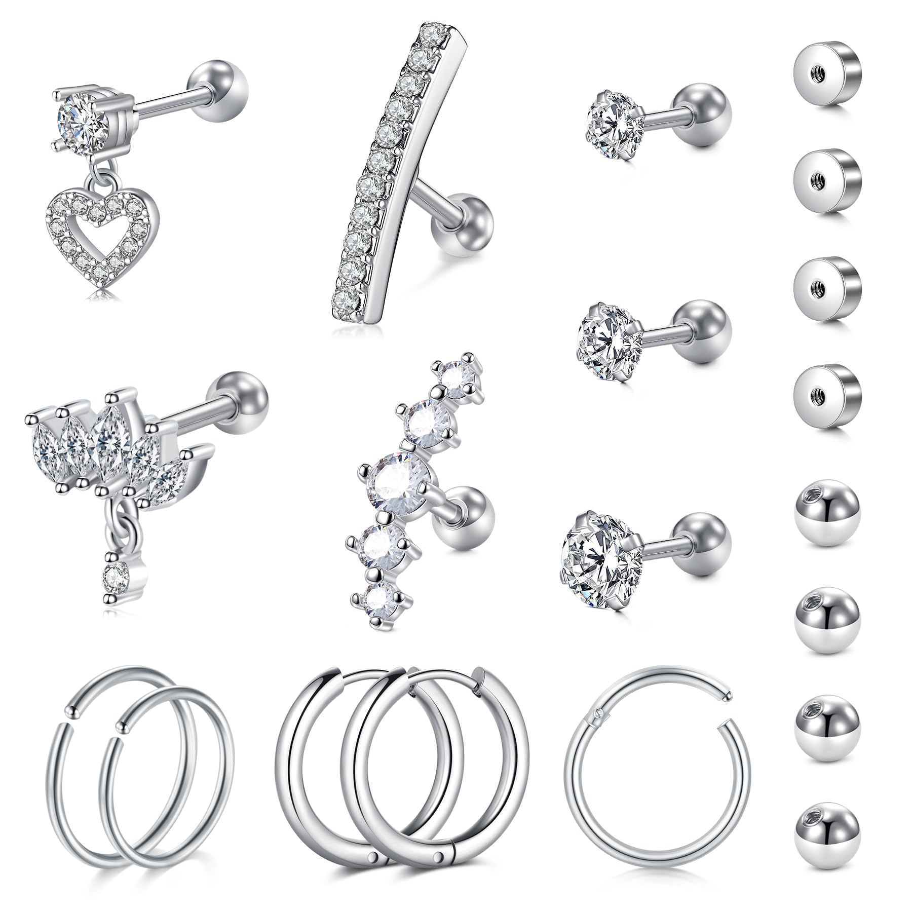 Briana Williams 16G Cartilage Earrings Tragus Helix Piercing Jewelry for Women Stainless Steel Opal CZ Forward Helix Conch Daith Rook Piercing Jewelry Ball Flat Screw Back Stud Earrings Hoop Earring