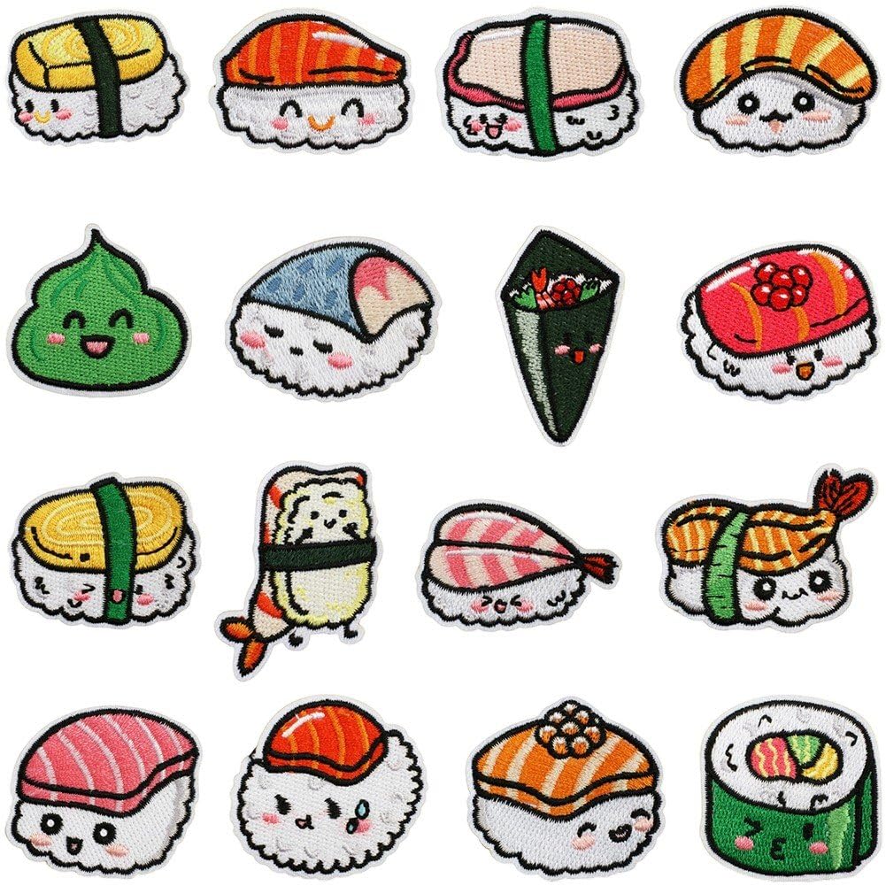 Baokuan 16pcs Sushi Nigiri Inari Iron on Patches, Japanese Food Embroidered Repair Patches for Clothes, Custom Sashimi Temaki Chirashi Applique