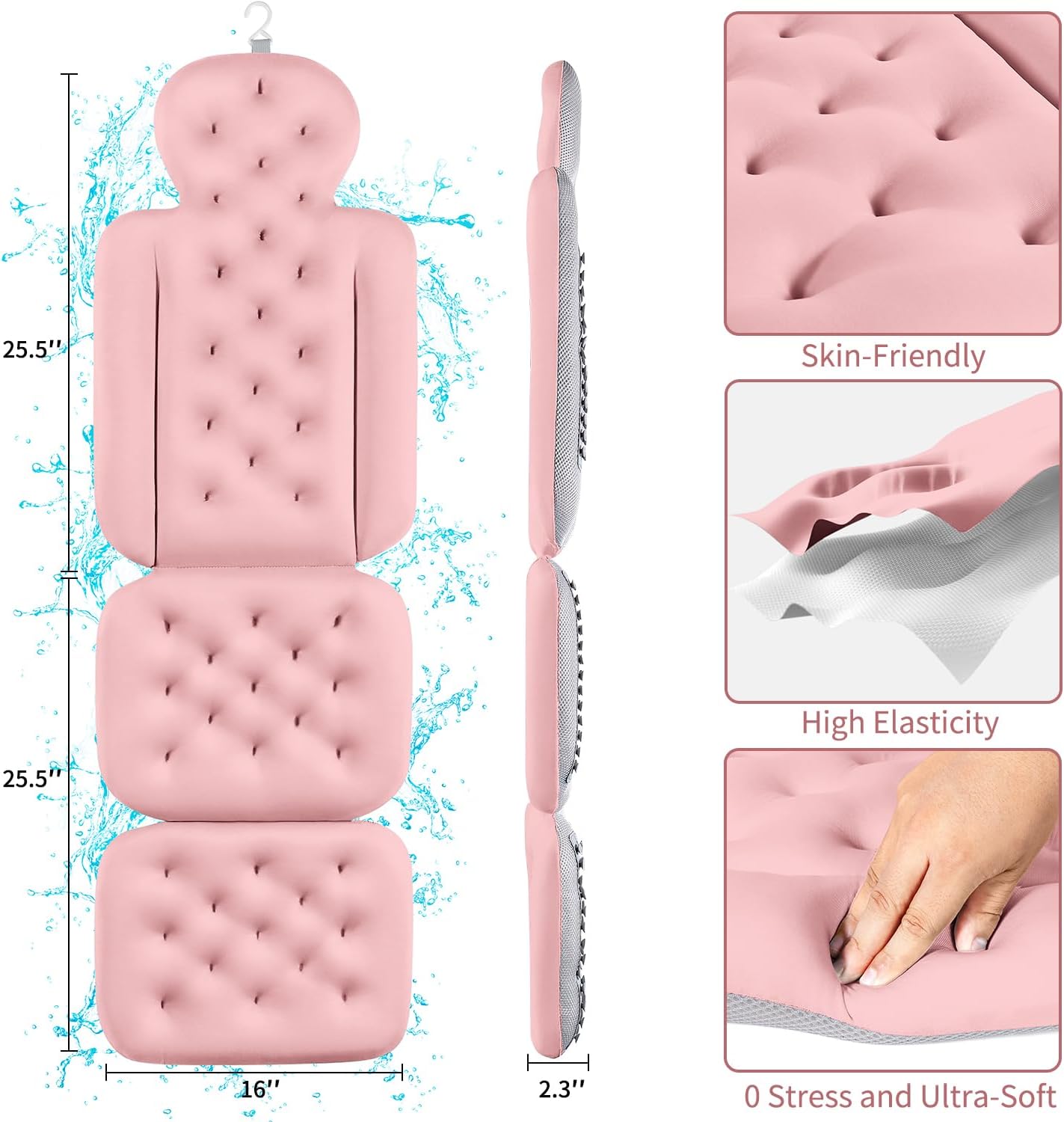 Luxury Bath Cushion, Full Body Bathtub Pillow with 160 Suction Cups, Bath Mat for Head and Neck Support, with Laundry Bag (​Light Pink, 51" x 16")
