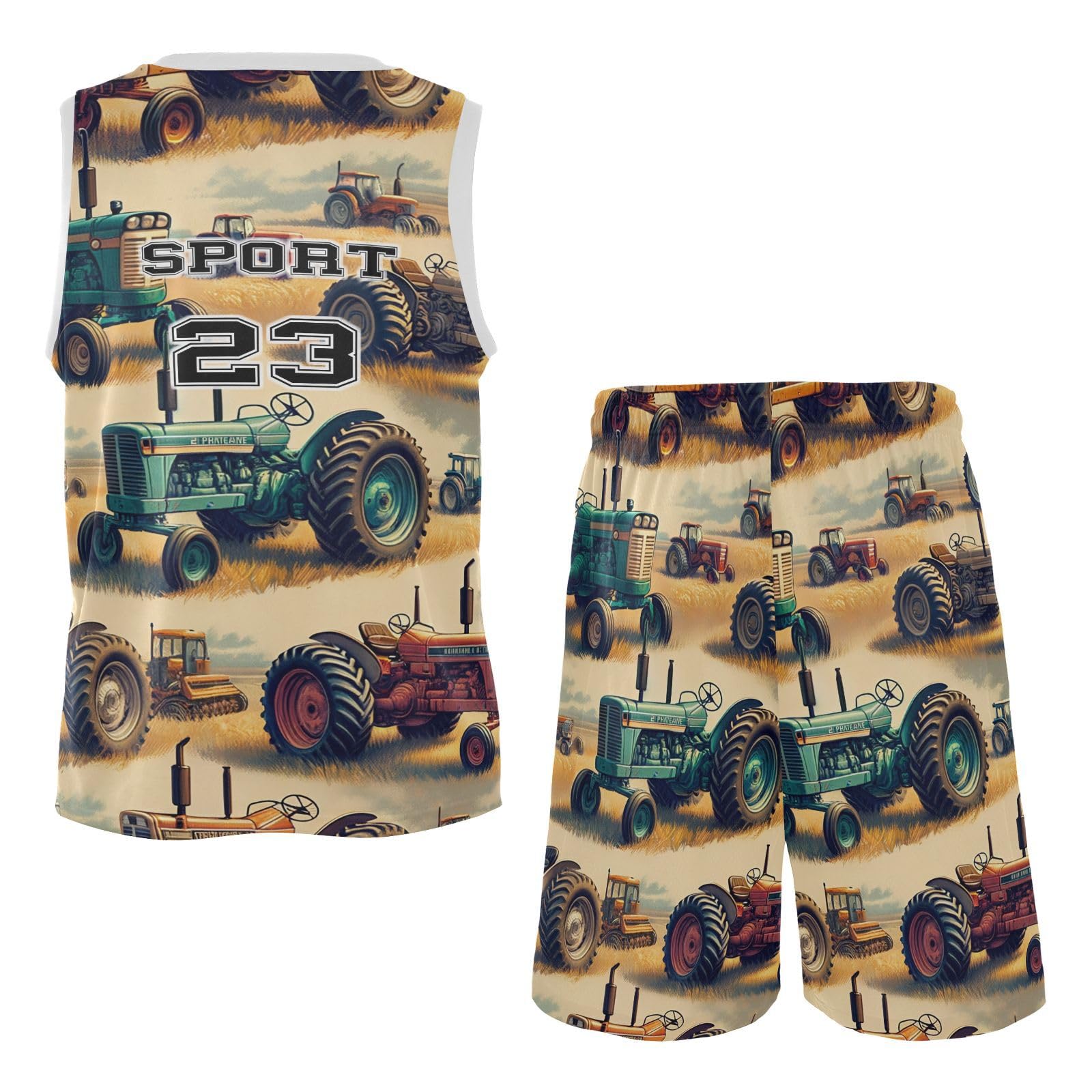 FLildon Vintage Farm Tractors Boys Basketball Jersey Set Tank Top Shorts Tracksuit Sport Training Suit for Kids, XL