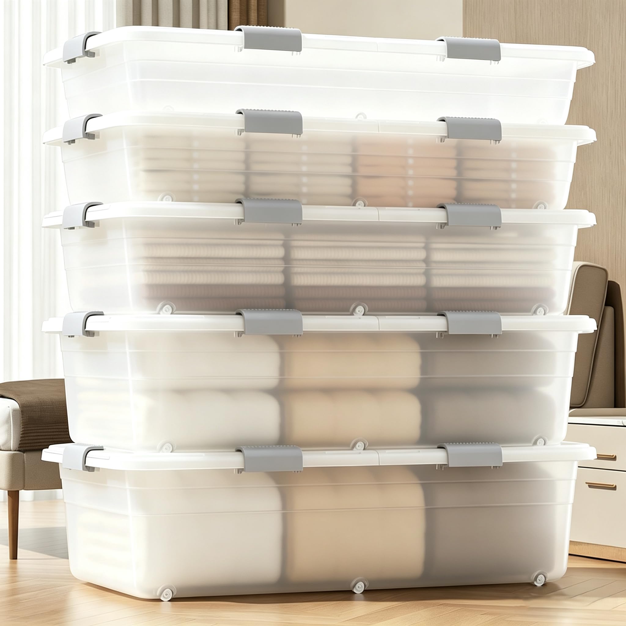 3 Stück Unterbett-Aufbewahrungsbehälter mit Rollen, transparenter Kunststoff-Unterbett-Aufbewahrungsbehälter mit Deckel, faltbarer Roll-Organizer, doppelseitige Öffnung, staubdichte Aufbewahrungsbox
