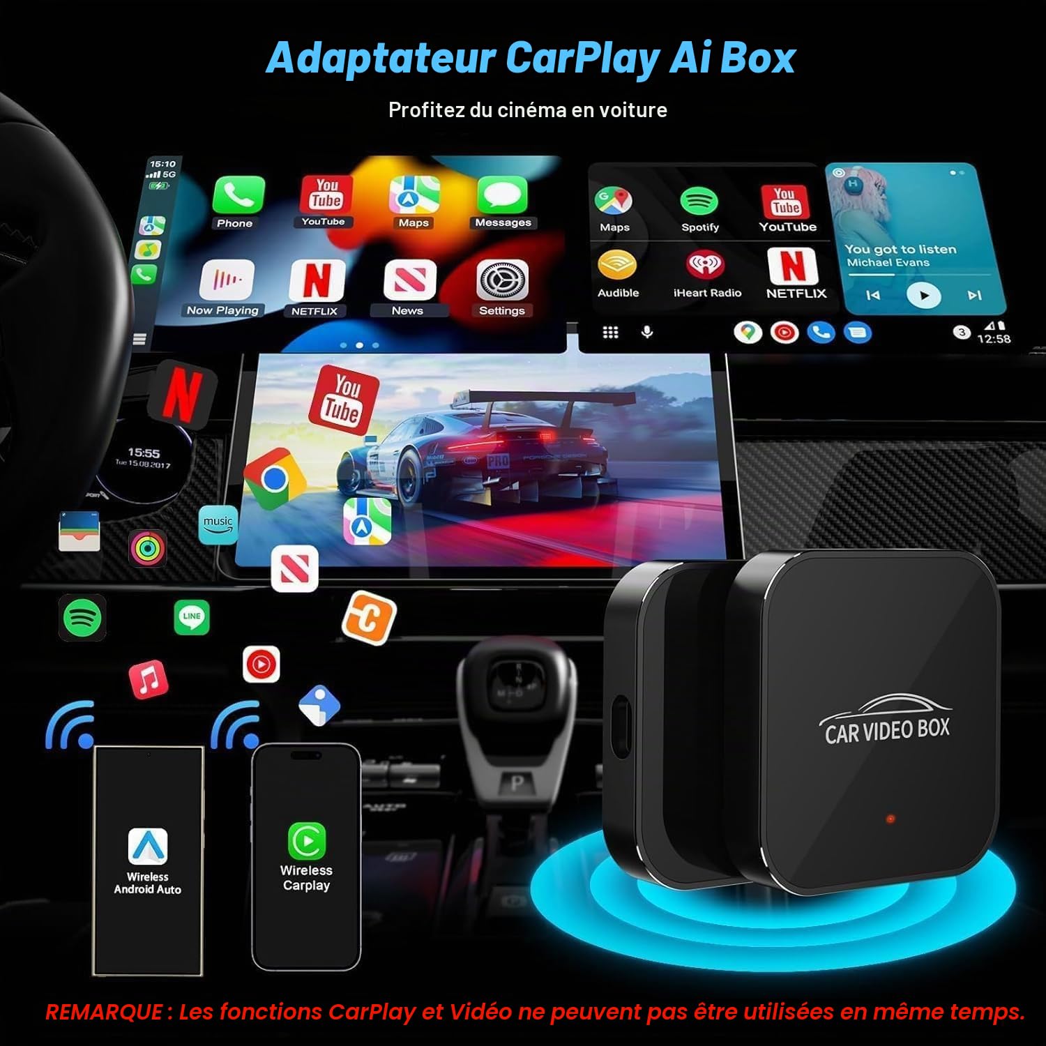 2026 Wireless CarPlay & Android Auto Adapter Prend en Charge Netflix/Youtube/TF – Plug & Play, Magic Video Box Compatible avec CarPlay & Android Auto d’Usine (4GB RAM+16GB)
