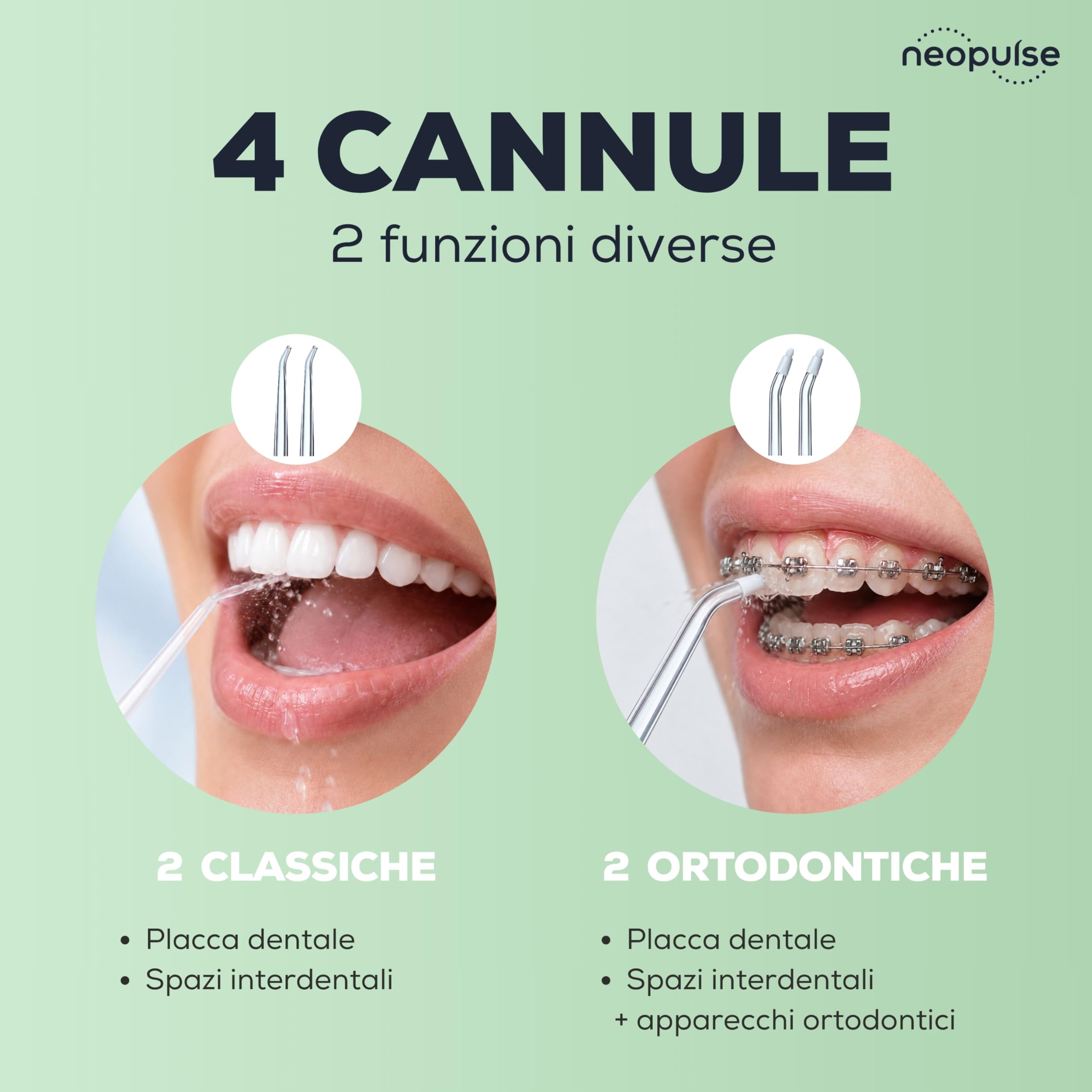 NEOPULSE® My First Jet Dentale Ultra-Compact - Idropulsore 2 in 1-4 cannule, 6 pressioni regolabili, 165 ml serbatoio rimovibile - elimina la placca dentale, pulisce i dispositivi ortodontici - verde