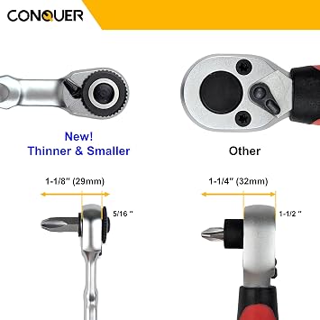 CONQUER Mini Ratchet 1/4 Inch Low Profile Dual Drive Socket Hex Bit Driver | Socket/Bit Driver, 72-Tooth, 5° Swing Arc, Ultra-Low Back Drag, Quick-Release Button; For Tight Engine Bays & EDC Kits