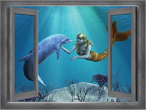 Miniatura 2 de wall26 Decoración creativa de pared con ventana abierta, hermoso dibujo de interacción de sirena y delfín, mural de pared, adhesivo extraíble, 36 x
