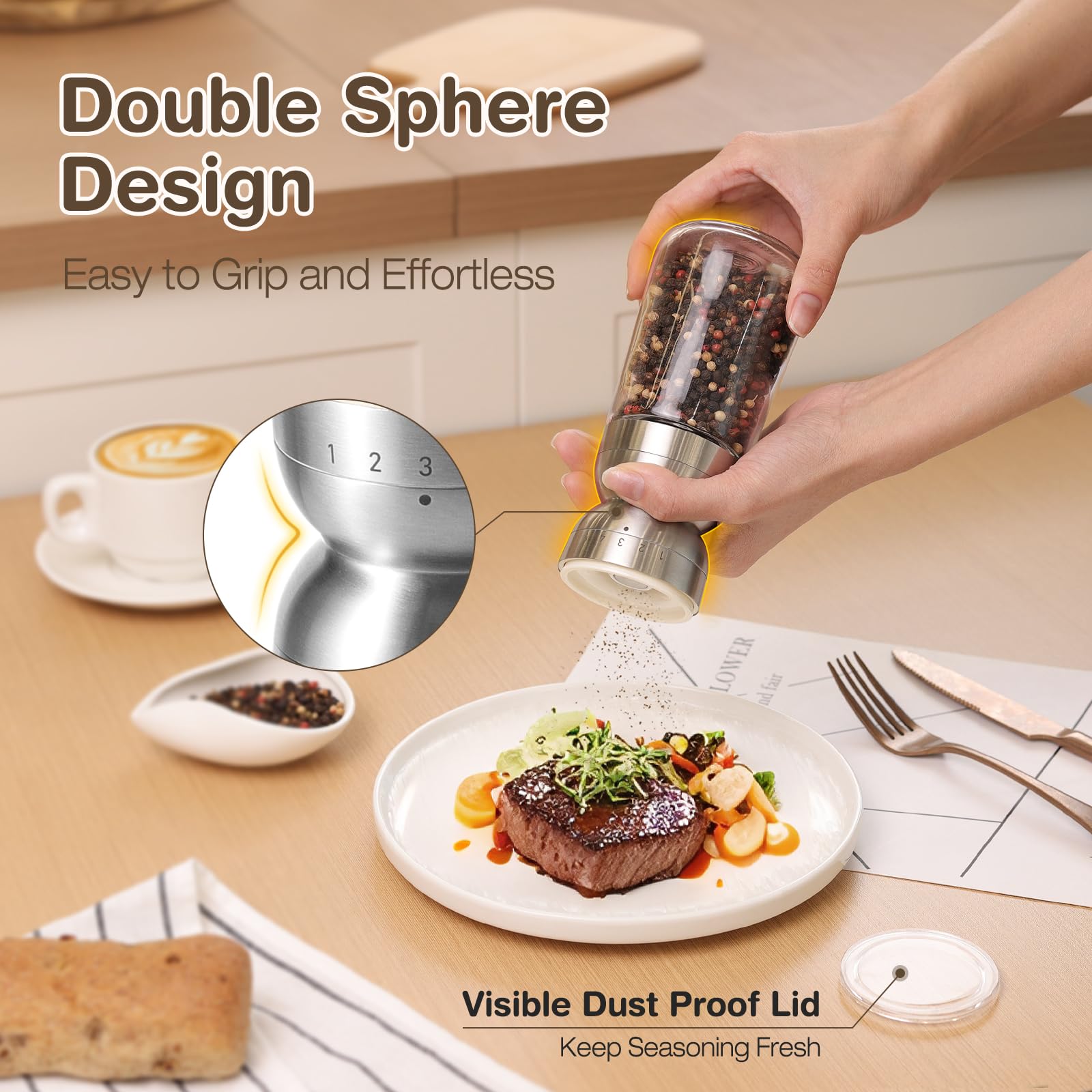 Vucchini Macina Sale e Pepe in Acciaio Inox con Nucleo in Ceramica, Grana 6 Regolabile Esternamente, 260ml, Beige, Macina Spezie