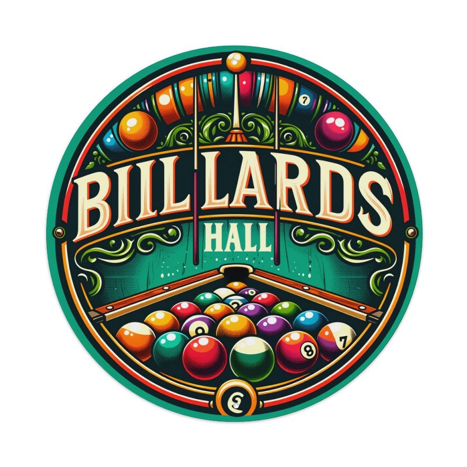 Billiards Hall Logo Design Art Round Tin Sign Vintage Metal Poster, Home Bar Garage Man Cave Cafe Indoor & Outdoor Wall Decoration 8x8Inches