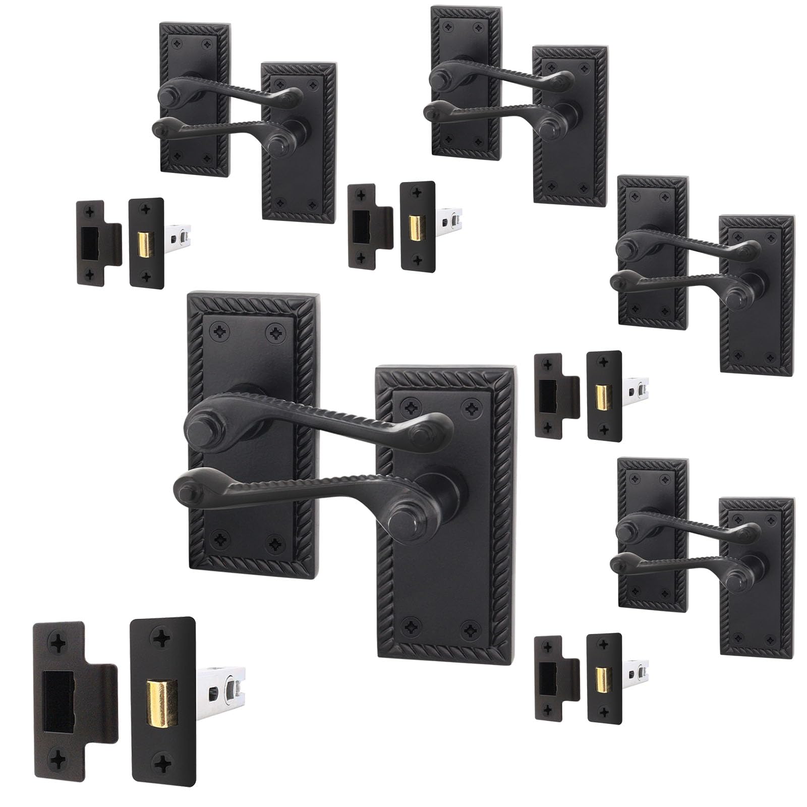 EAI Matt Black Door Handles with Latch 64mm, 5 Pack - Rope Scroll