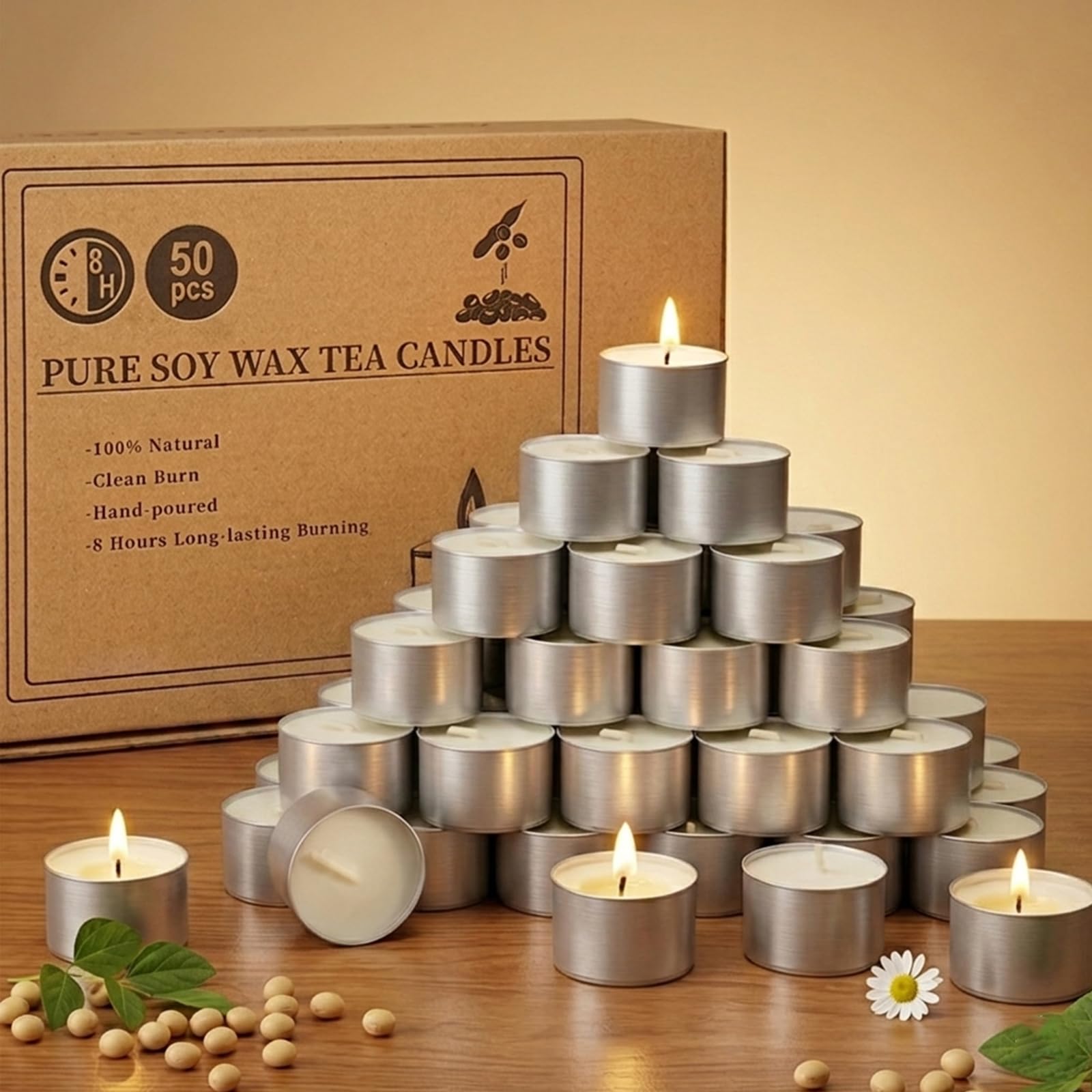 Soy Tealight Candles 50 Pack,8-Hour Unscented Tea Lights Bulk | Paraffin-free Soy Tea Lights,Aluminum Cups,Lead-free Cotton Wicks,for Dinner,Wedding,Home Decor,Bathroom,Meditation,Emergency White 8H-50pack