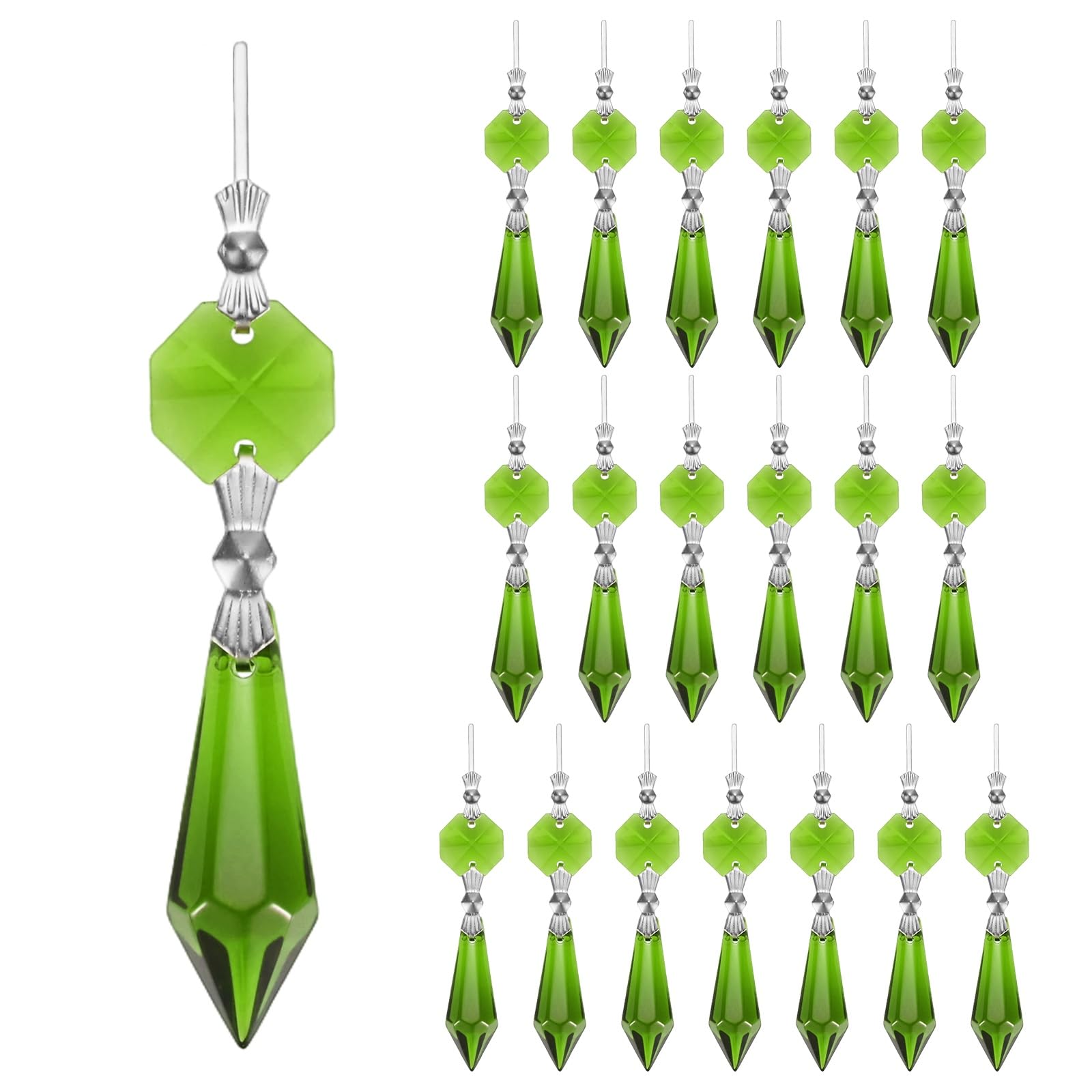 M METERXITY 10-Pack Crystals Prisms Glass Tip Beads, 75mm Replacement Chandelier Teardrop Icicle Drops Hanging Pendants for Lamp/Garden/DIY Decor, Octagonal Crystal Suncatcher [Grass Green]