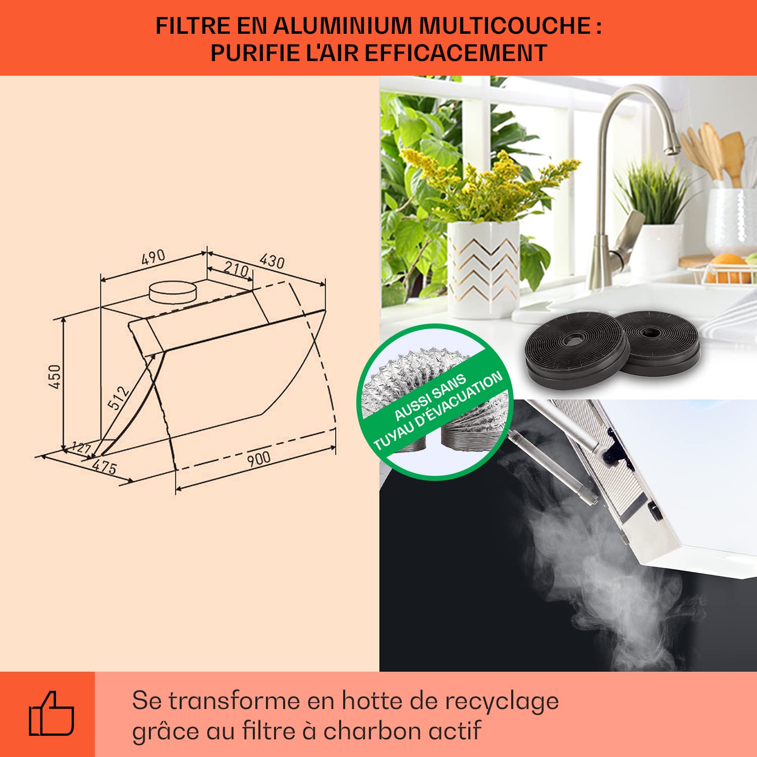 Klarstein Clara Hotte Aspirante 90cm, Hottes de Cuisine Inclinées, Filtre de Hotte en Aluminium, Débit d'Air Puissant 590 m³/h, Eclairage à LED, Efficacité Classe A, Efficace avec Evacuation