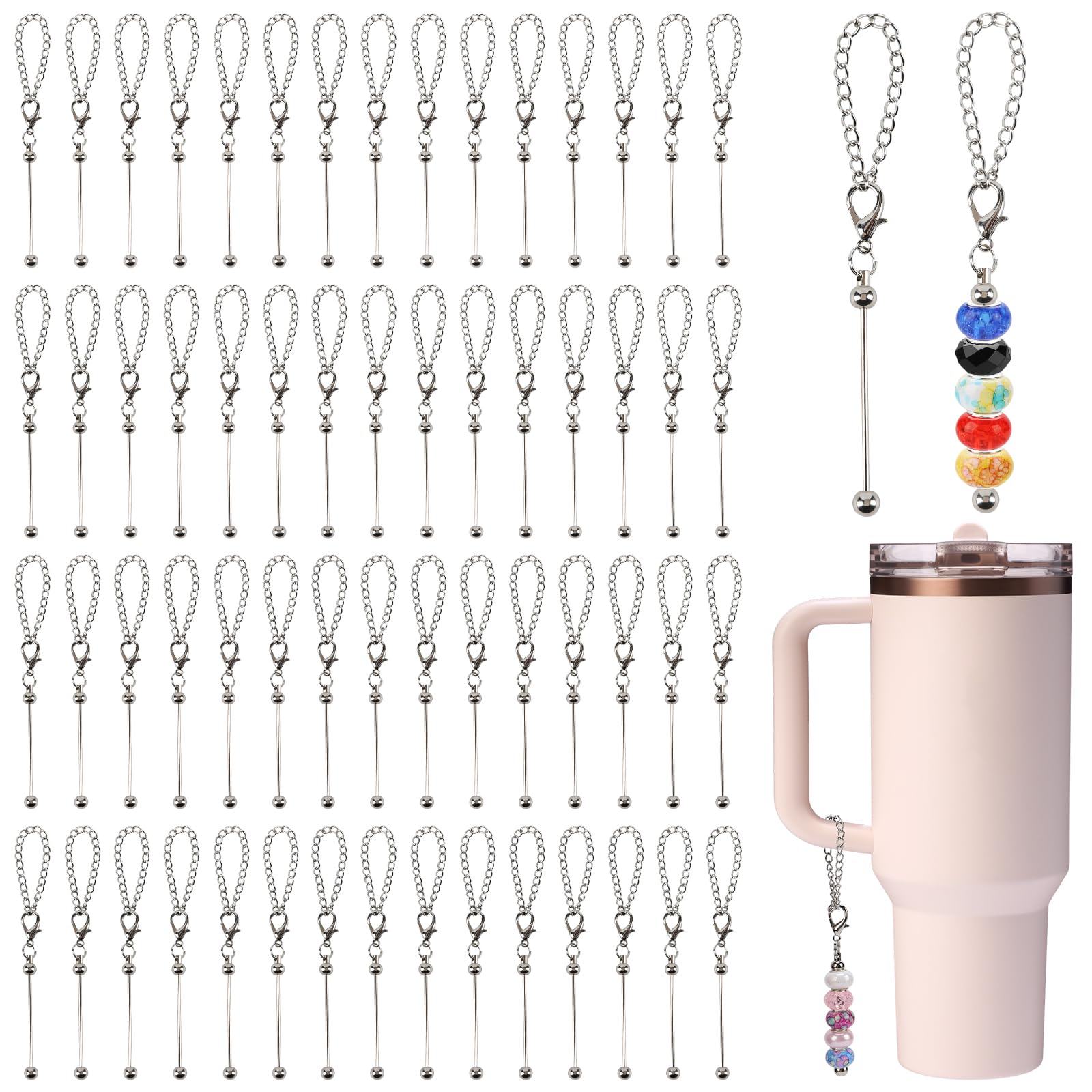 EUDORALIFE 60pcs Beaded Cup Charms for Tumblers Compatible with Stanley Charm Accessories with Handle Cup, Silver Beadable Keychains Bulk Bar Chain