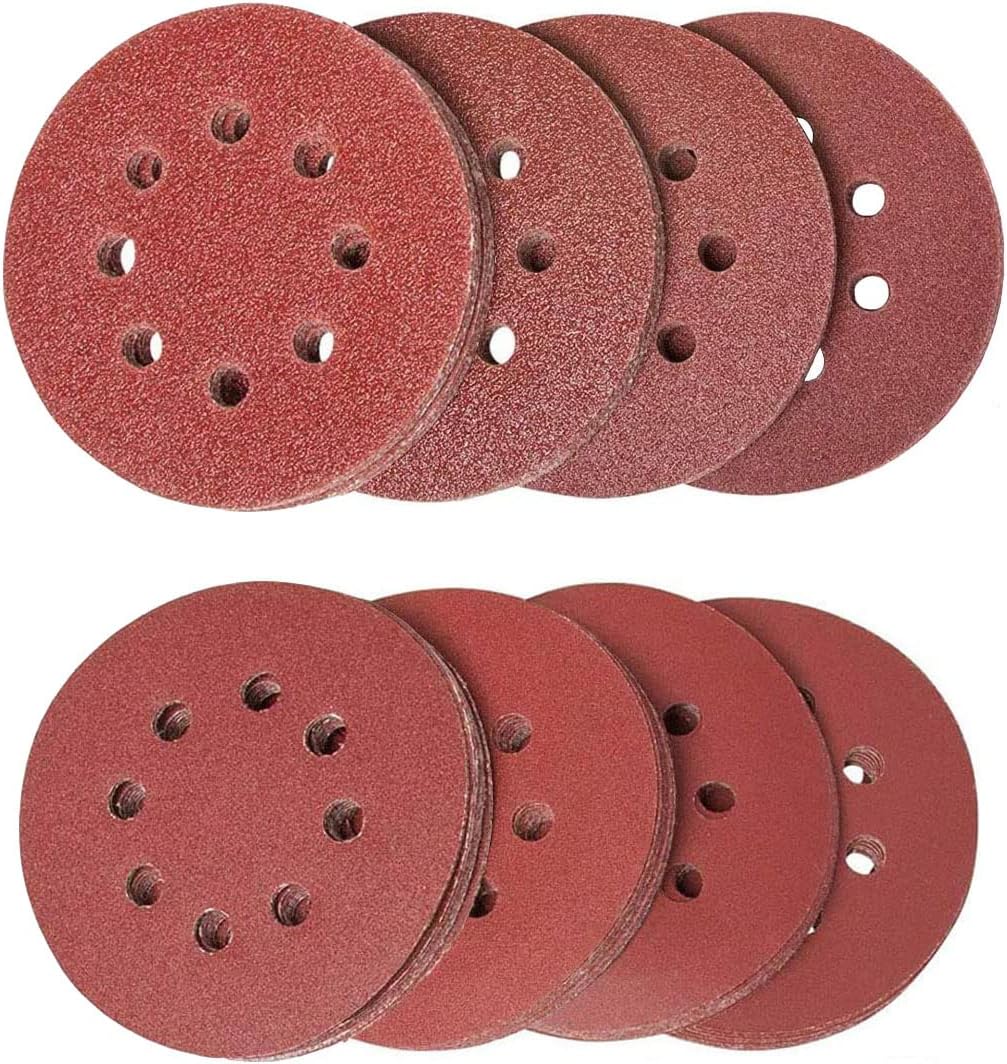 80pcs 125mm Sanding Discs, Hook and Loop 10 x 40/60/80/120/180/240/320/400 Mixed Grit, 5 Inch 8 Hole Round Sanding Discs Pads for Random Orbital Sander