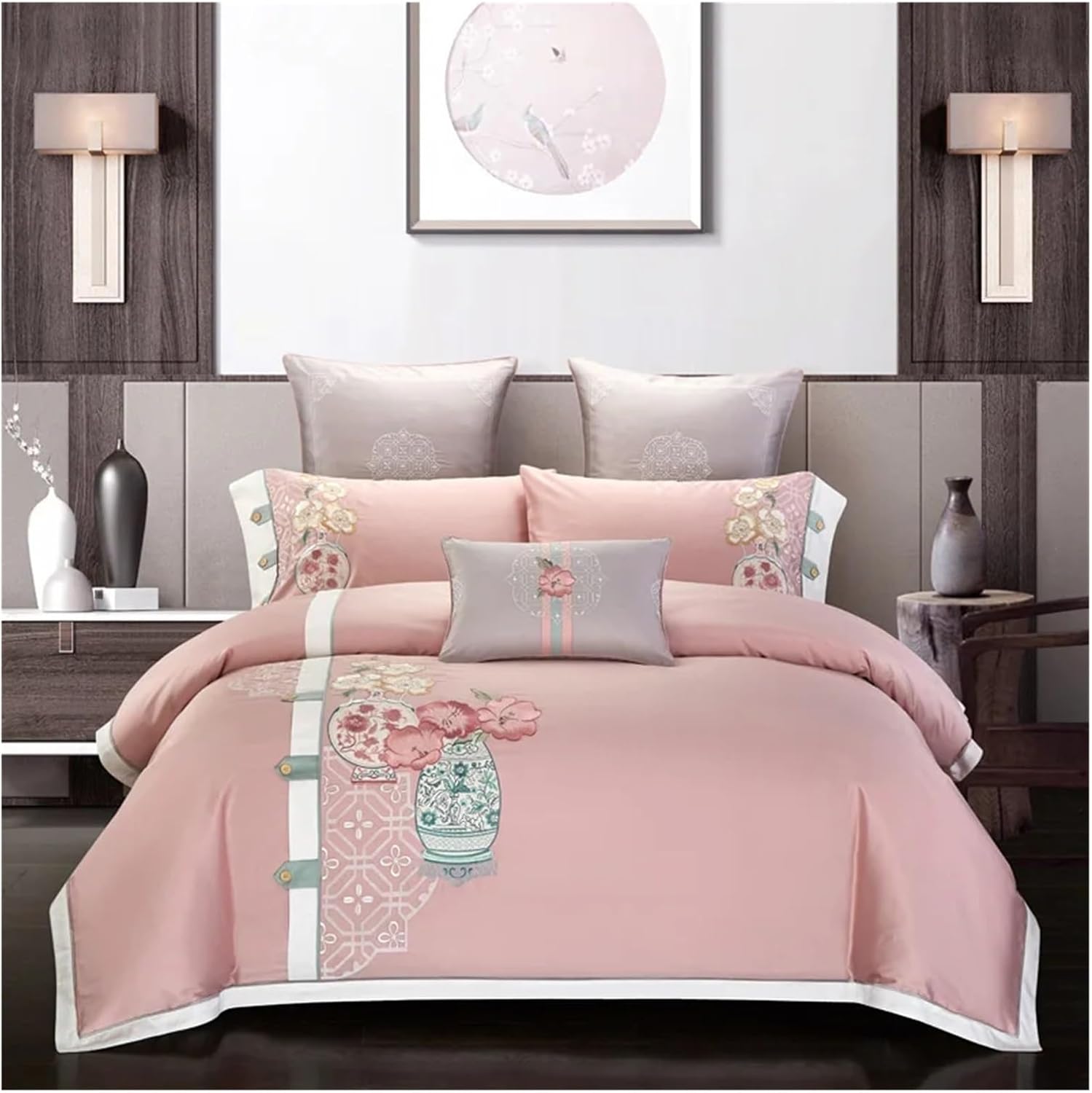 Embroidery Chinoiserie Style Duvet Quilt Cover Grey Leaves Comforter Cover Queen King 4Pcs Bedding Set Bed Sheets,Bed