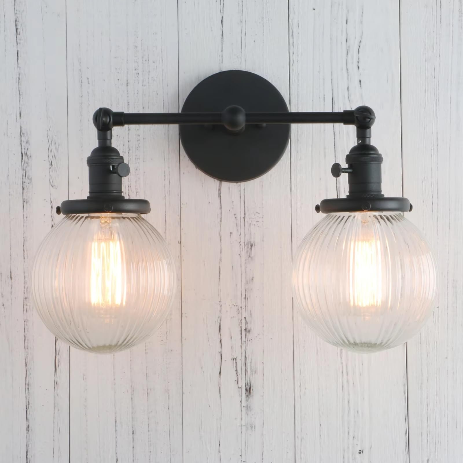 HPTHLY Vintage With Globe Glass Shade 2 Lights Wall Sconces Double Head Wall Lights With Switch Retro Style Rustic Wall Lamps (Black)