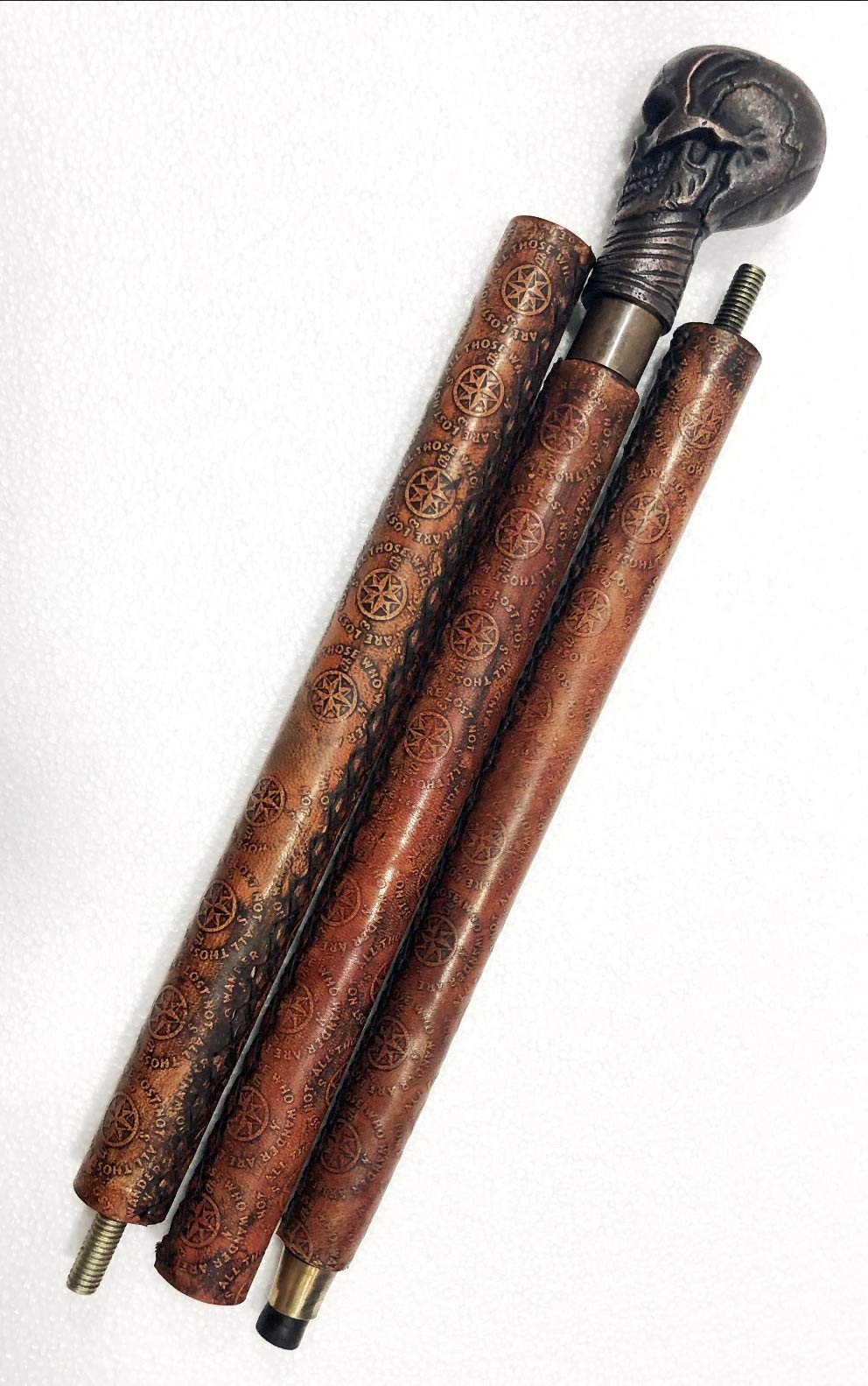 Bastón de madera hecho a mano con diseño de calavera victoriano de piel marrón
