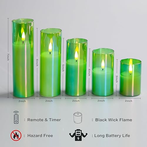 Miniatura 2 de Eywamage Velas de cristal verde sin llama con control remoto, velas de cera LED delgadas parpadeantes, velas votivas de pilar que funcionan con
