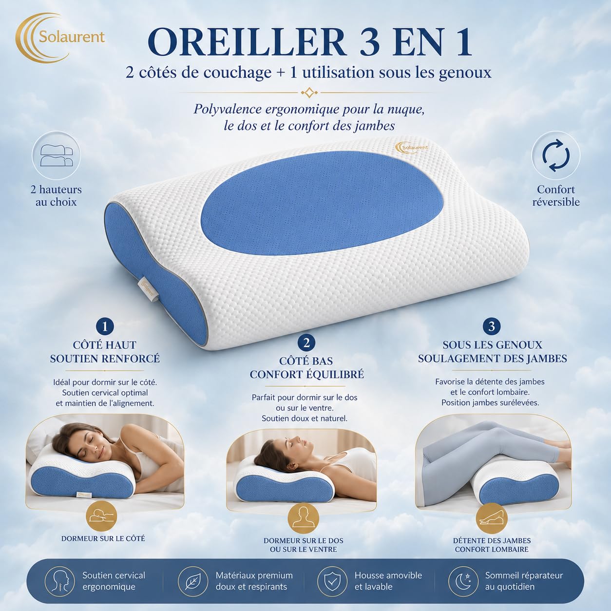 Wavéalux – Almohada ergonómica Cervical – Almohada ergonómica – Almohada ortopédica. 3 en 1 para la nuca y para las piernas. oekotex y certi-Pur (azul)