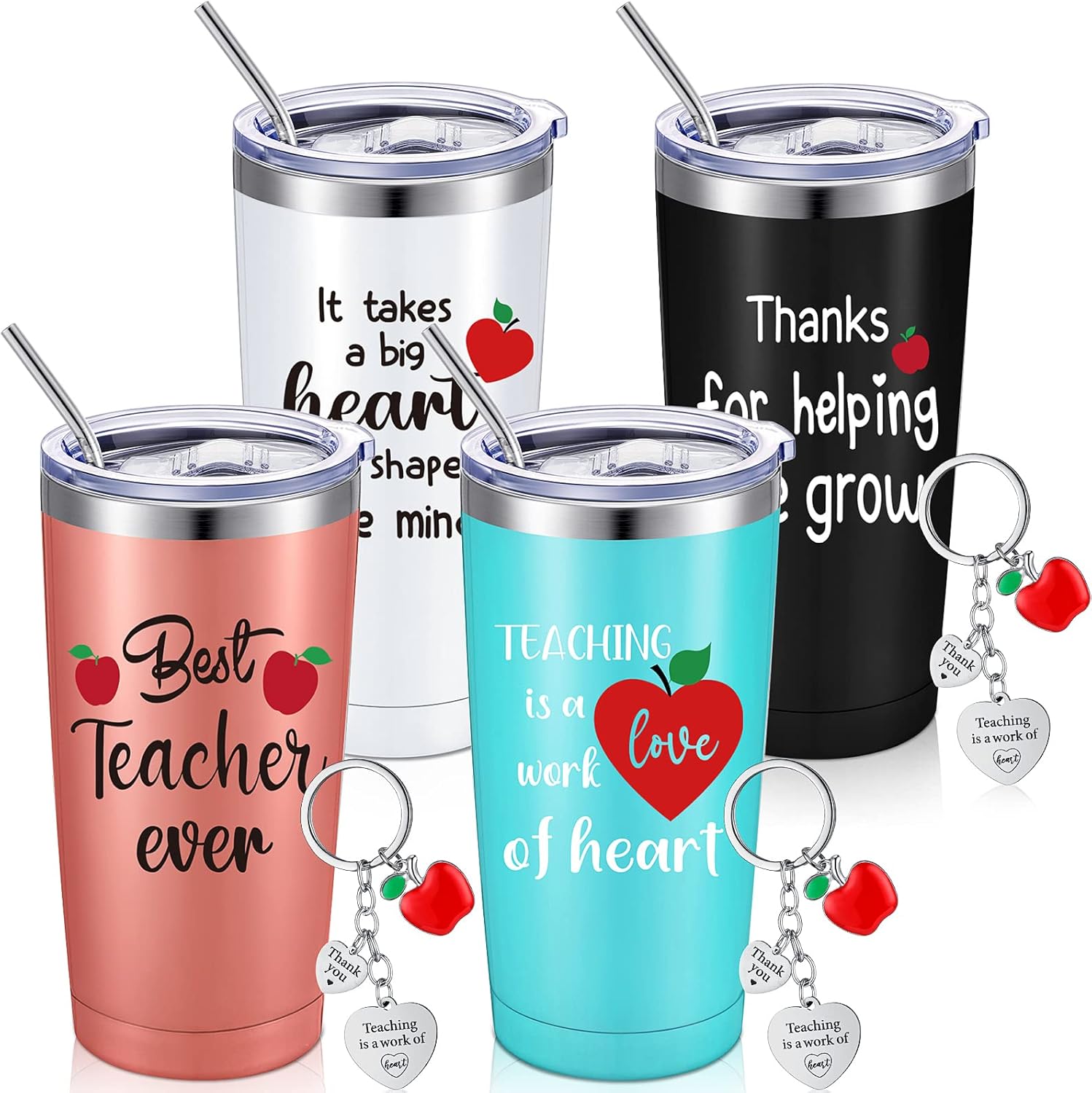 Yinder Valentines Gifts for Teachers Tumbler Set 4pcs Stainless Steel Tumblers with Keychains 12oz Insulated Mugs for Teachers Appreciation Presents Thank You Gifts Bulk Teacher Supplies(Apple)
