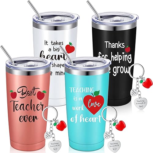 Miniatura 8 de Yinder 8 piezas de regalos de agradecimiento para profesores con 4 vasos de acero inoxidable de 12 onzas con 4 llaveros de corazón para profesores,