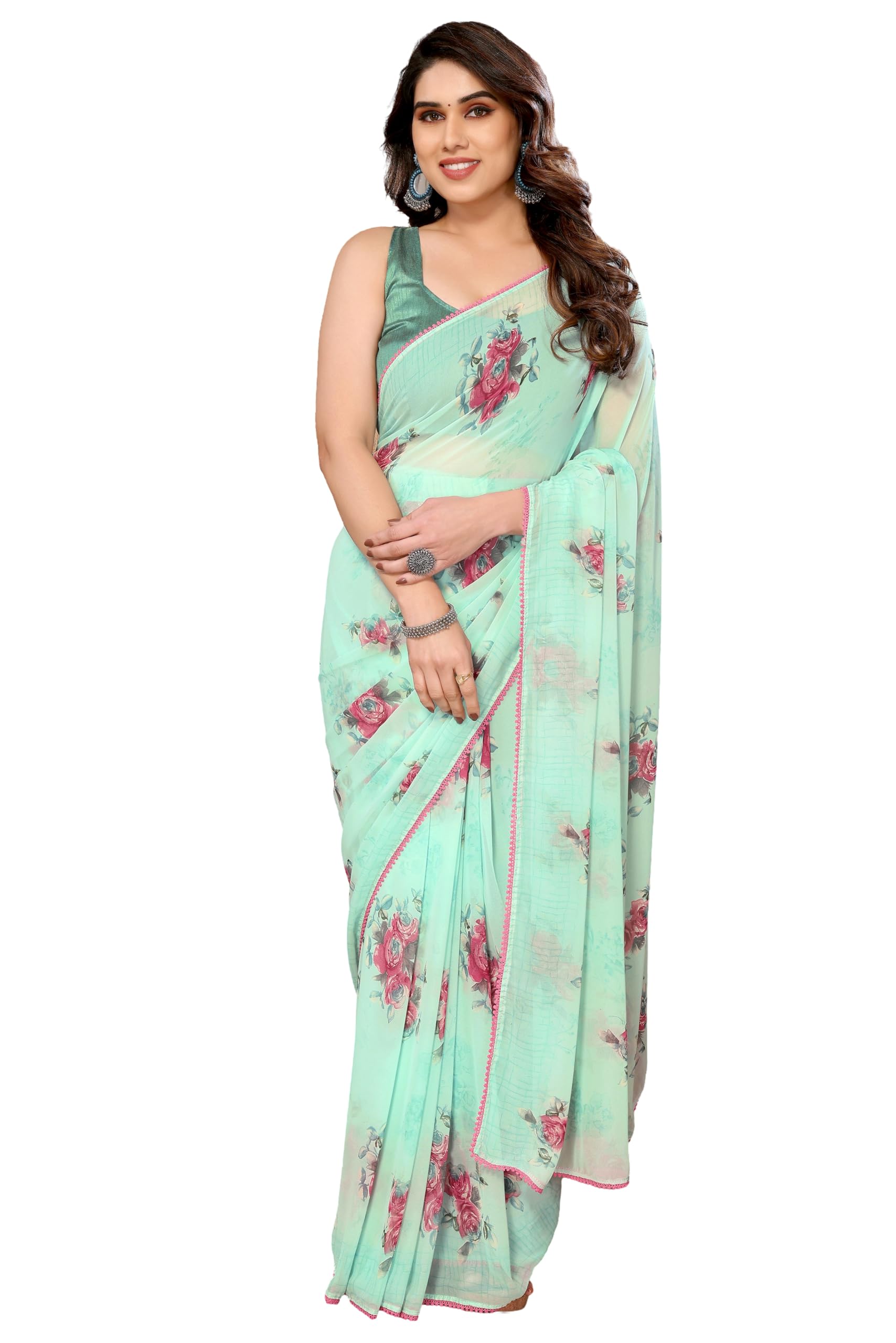 DIVUS Ready to wear Pre draped Prestitched one min readymade Designer Parywear saree with Unstitch Blouse (Ferozi)