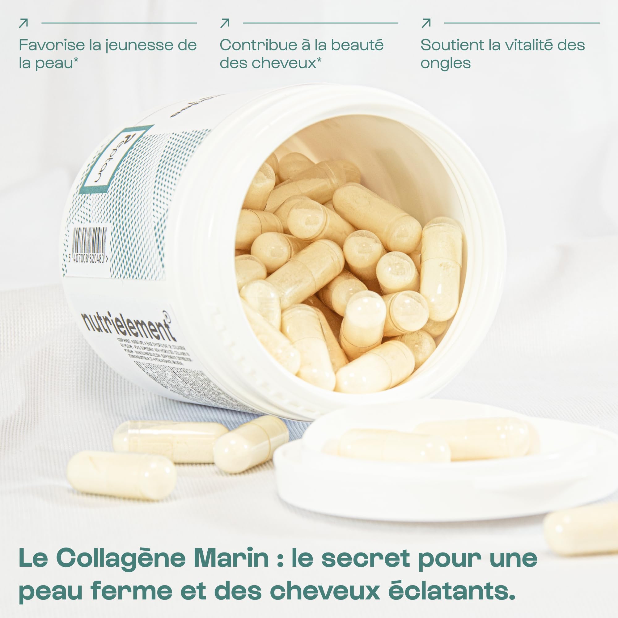 Collagène Marin Peptide Peptan Type 1-120 Gélules - Collagène hydrolysé - Contribue à la santé des cheveux, articulations, os - Favorise la jeunesse de la peau | Nutrielement By Nutrimuscle