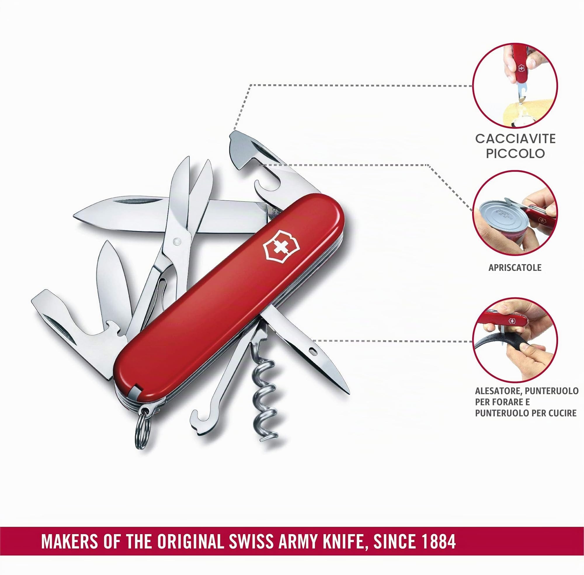 Victorinox Coltellino Svizzero Climber, 14 Funzioni, Made in Switzerland, Multiuso con Forbici, Lama, Apriscatole, Cacciavite, Apribottiglie, Rosso