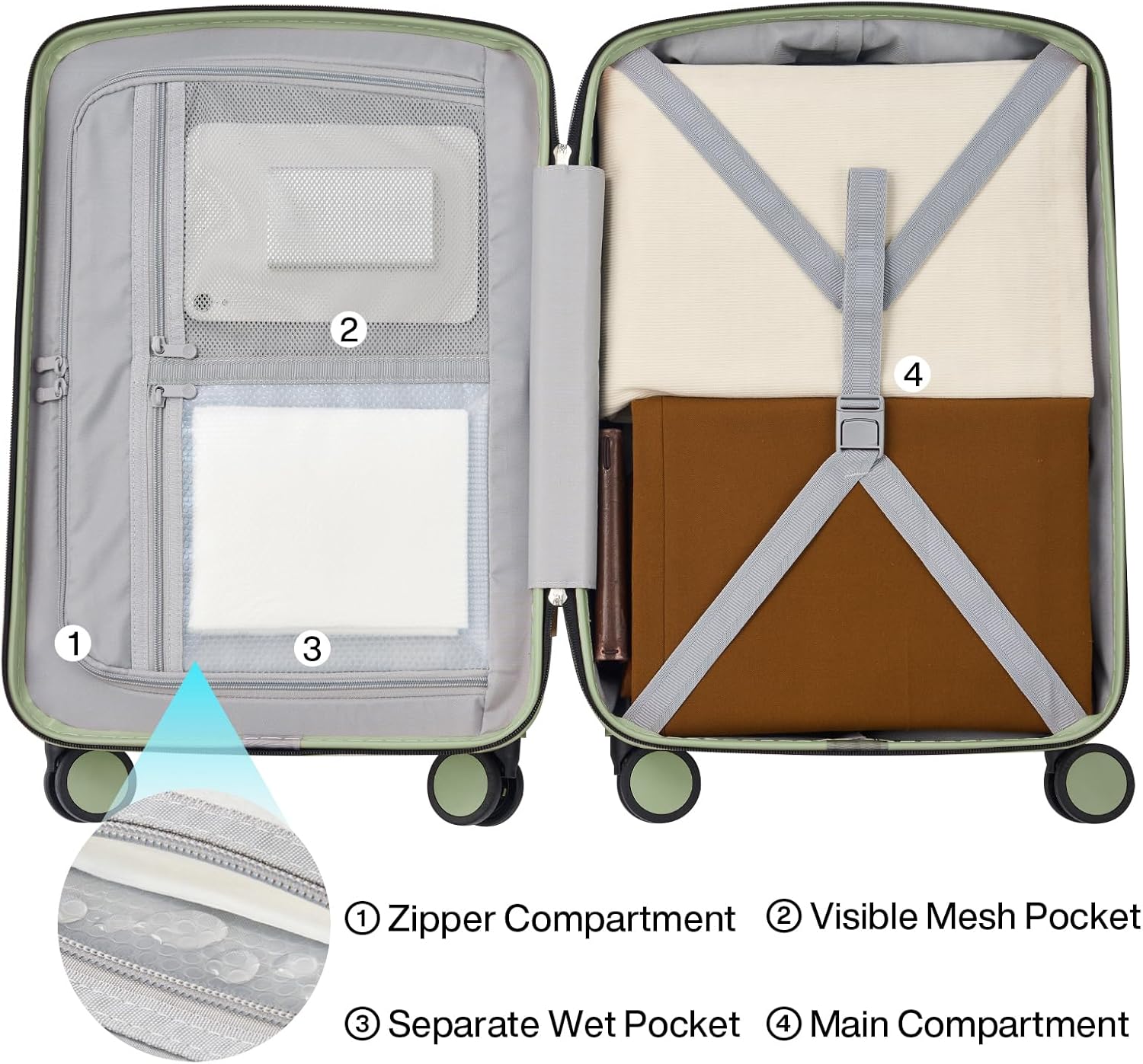 Hanke 20 Inch Hard Shell Suitcases with Spinner Wheels, Lightweight Carry On Luggage 22x14x9 Airline Approved Built-in TSA Lock, Durable Suitcase Rolling Luggage Carry-On Bag(Bamboo Green) - Image 6