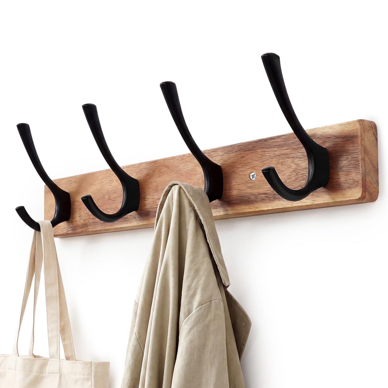 Photo 1 of Yangbaga Coat Rack Wall Mount - Acacia Wood, 4 Double Hooks, Black