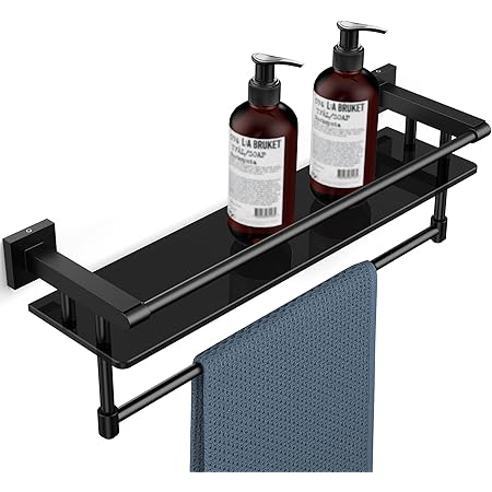 Amazon.com: SFGSOWOR Glass Shelf for Bathroom Shelves with Towel Bar/Rack Matte Black 21 Inch ...