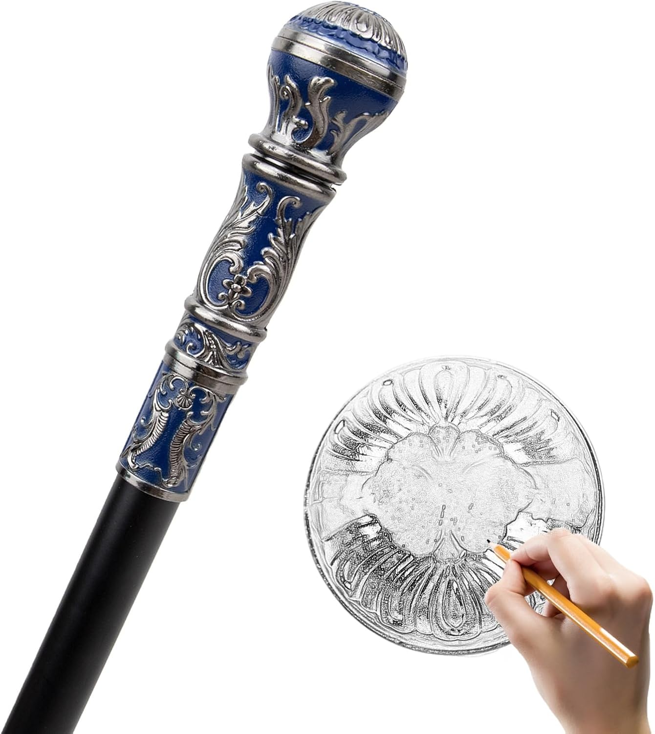36.6 in Silver Blue Round Fashion Walking Stick, for Party Decorative Walking Cane Elegant Crosier Knob Stick