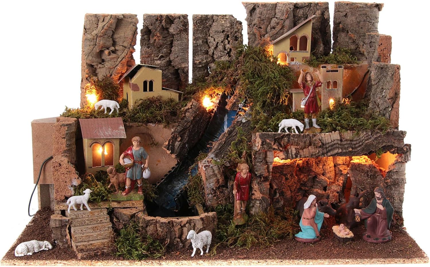 Nativity Village, Stable with fire and Waterfall 40x58x38cm, EmptyHeight: 40 cm|Width: 58 cm|Depth: 38 cm