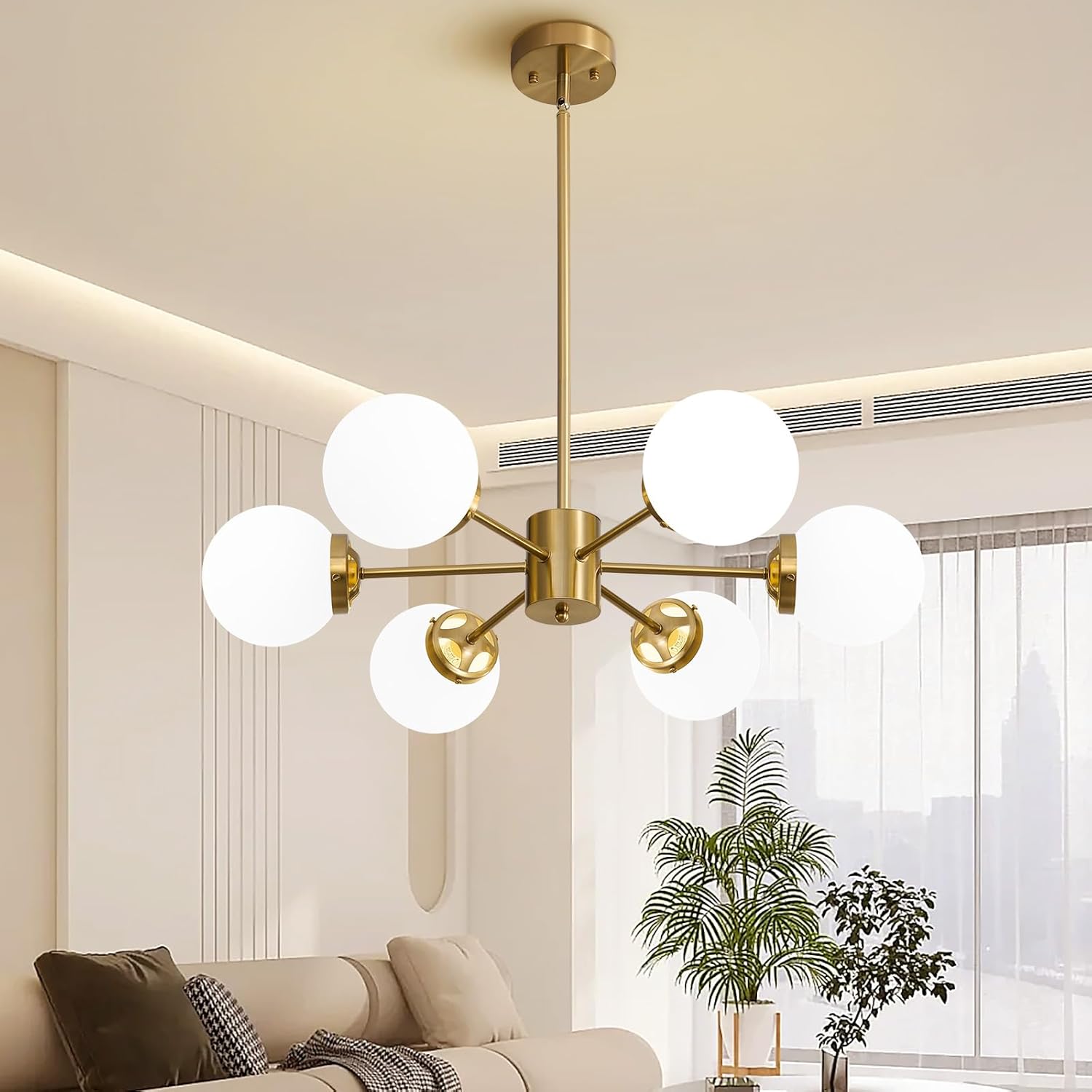 Gold Sputnik Chandelier, Modern Chandeliers for Dining Room, Mid Century Ceiling Lighting Fixture 6-Lights with Milk White Glass Shade for Living Room, Kitchen, Bedroom, and Farmhouse Gold 6-Light with lampshade 5.9''