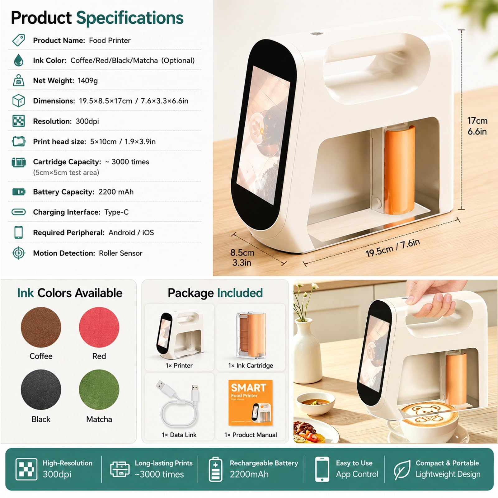 Stampante Alimentare Compatta per Biscotti e Torte, Macchina di Decorazione Portatile con App, Strumento di Personalizzazione di Testo e Immagine per Caffè Latte Art(Matcha)