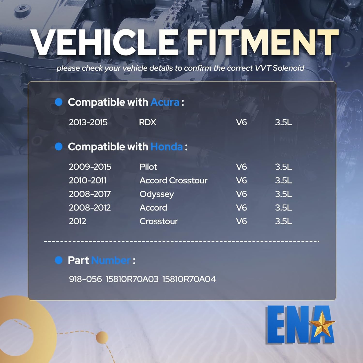 ENA Engine Variable Valve Timing Solenoid Compatible with Honda Accord Crosstour Odyssey Pilot Acura RDX 3.5L V6 2008-2017 Front Camshaft Position Actuator Solenoid for 918-056 Set of 1