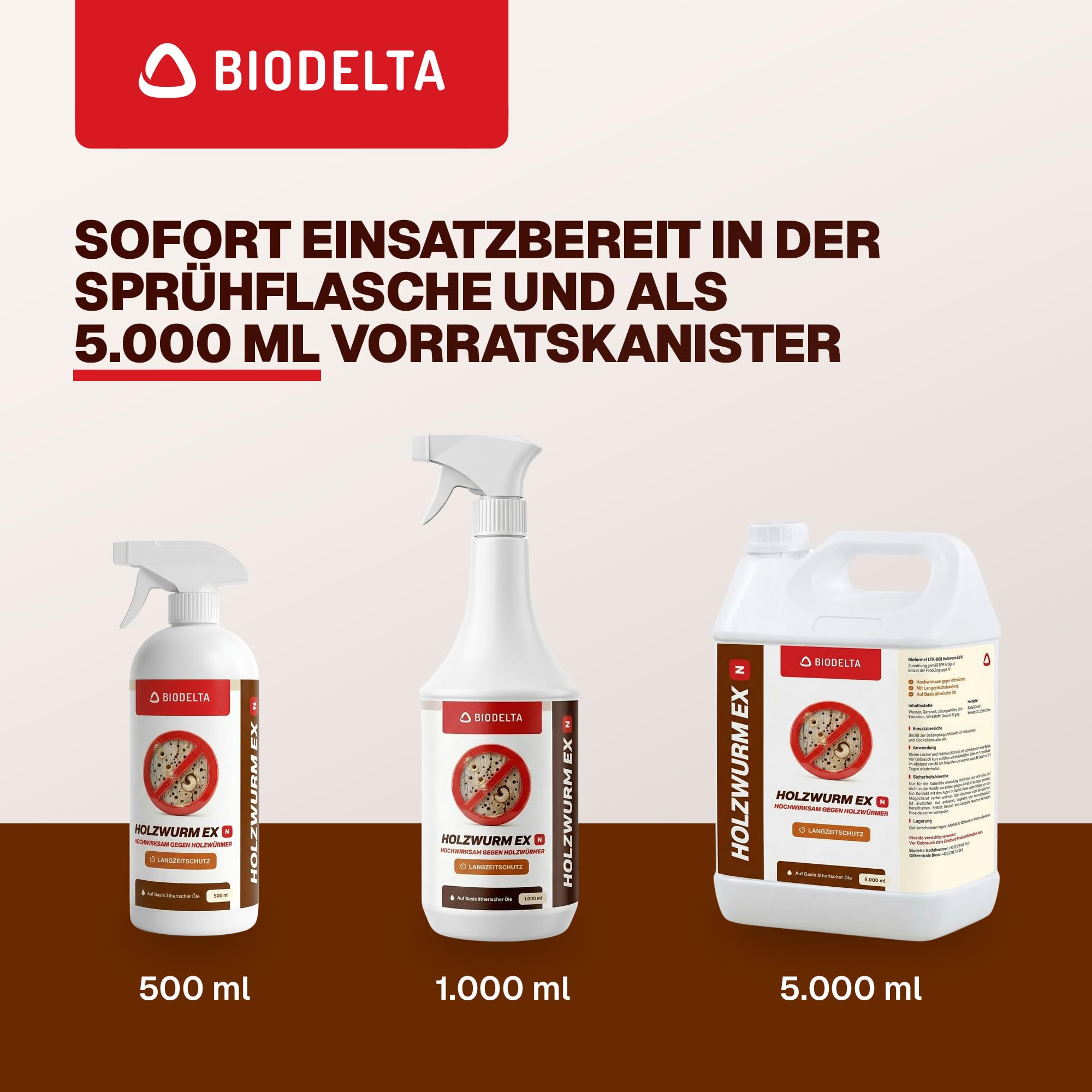 BIODELTA Holzwurmspray 500ml bis 5l – Effektives Holzwurmmittel mit Sofort- & Langzeitschutz – Anti Holzwurm Repellent gegen Holzwürmern in Möbeln & Gebälk – (5l Variante)