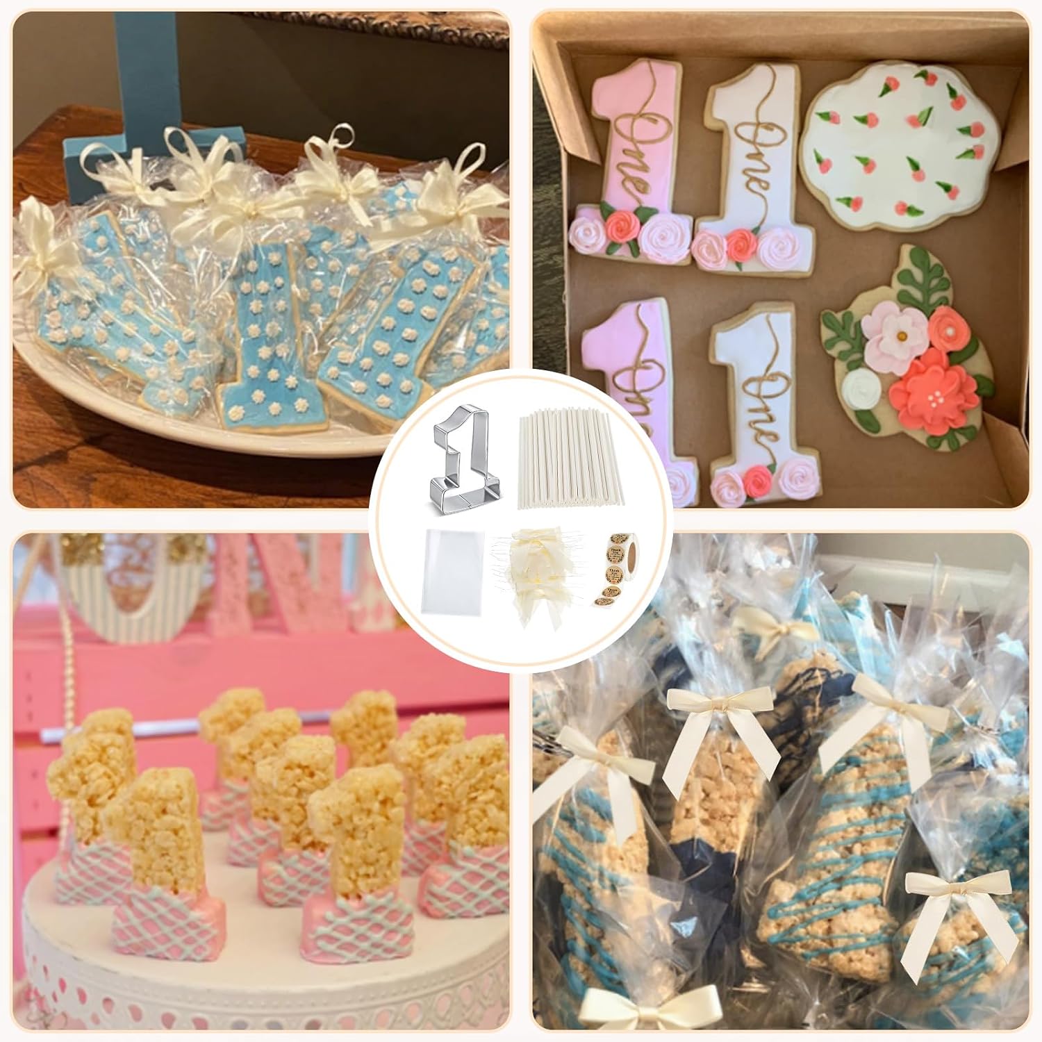 50 Set Rice Treats Crispy Cutter Set Number 1 Cookie Cutter with 50 Clear Treat Bags Cake Pop Sticks and Twist Ties Thank You Stickers for Christmas Baby Shower Party Crispy Pops