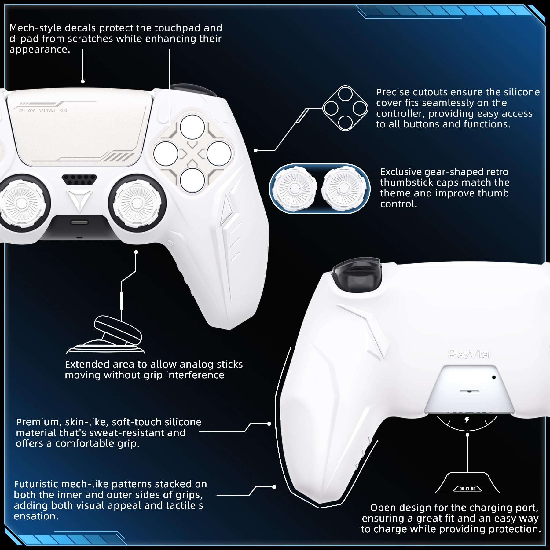 playvital 2 Cover per ps5 Controller,Joystick Custodia Silicone Protettiva Antiscivolo&Copri Analogici&Adesivi Touchpad,Compatibile con Base di Ricarica,CyberMech-Bianco