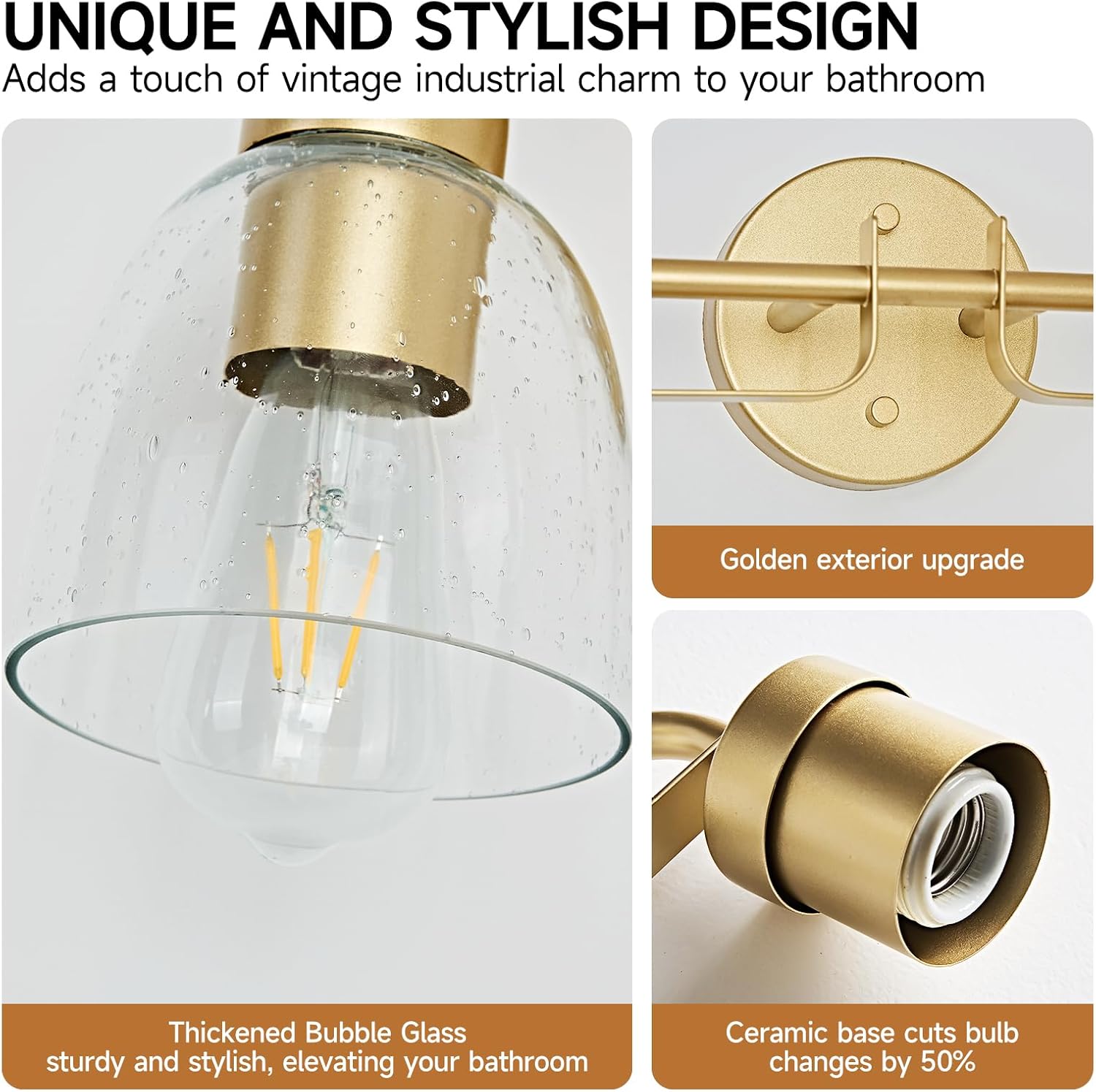3-Light Bathroom Vanity Light Fixtures, 21 Inch Modern Industrial Golden Vanity Lights for Bathroom Light Fixtures with Bell Bubble Glass Shade Wall Sconce for Mirror, Bedroom, Hallway