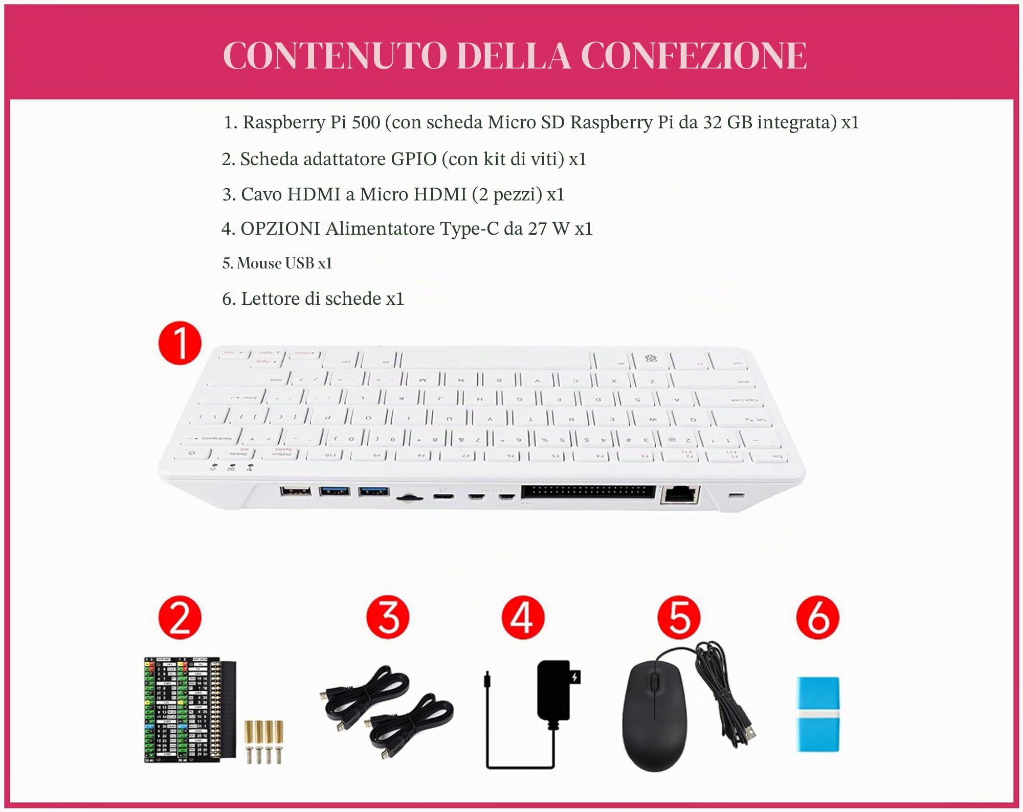 Kit base Pi 500 compatibile con Raspberry Pi 500, potente tastiera computer, stesso processore quad-core a 64 bit, supporto WiFi/Bluetooth, viene fornito con scheda micro SD ufficiale da 32 GB (6