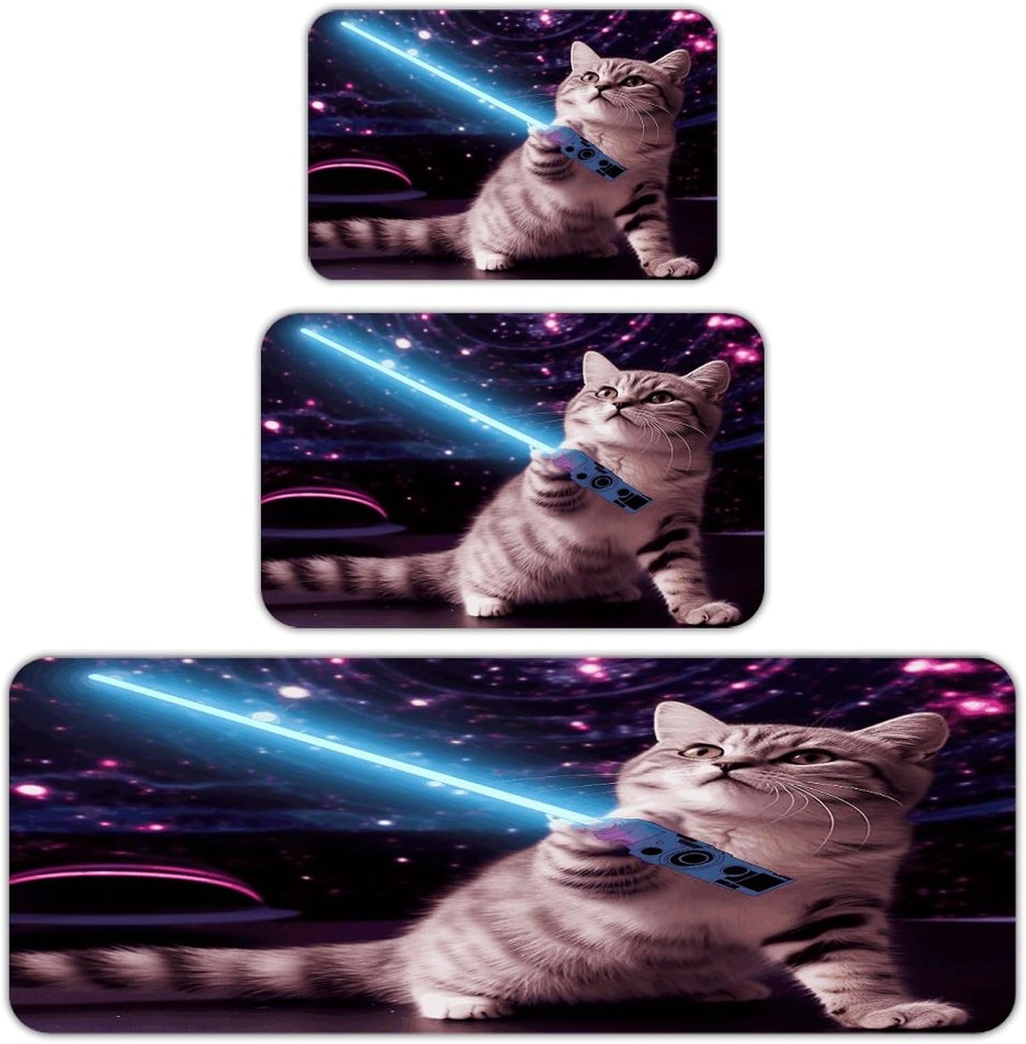 Space Laser Cat Novelty Cute Funny Kitchen Rugs Sets of 3 Washable Non Slip Kitchen Rug Water Resistant Carpet Piece Anti Fatigue Kitchen Mats Soft Comfort Standing Mat Modern Area Rug