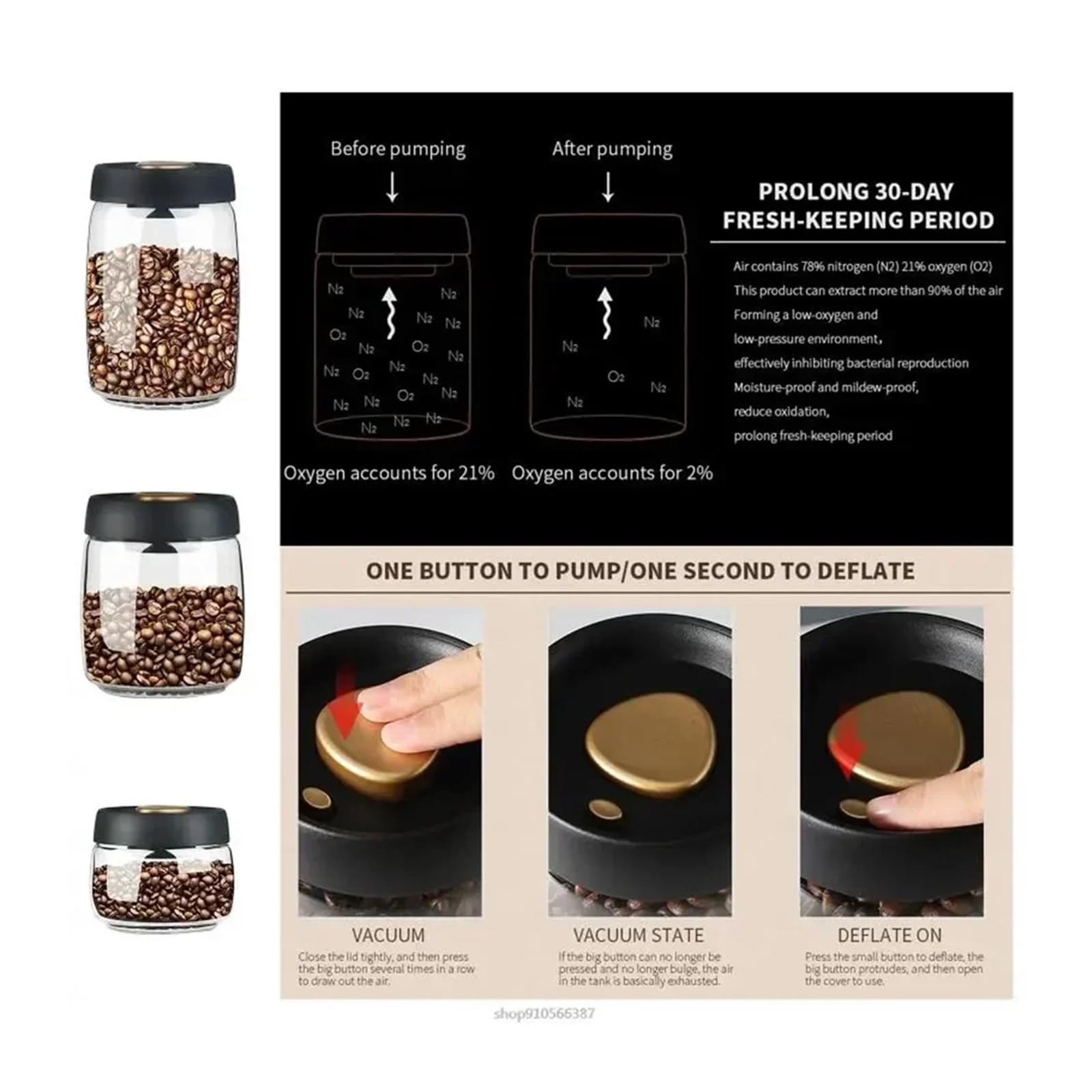 Kompatibel mit Kaffeebohnen, vakuumversiegelter Tank, transparentes Glas, Vorratsgläser for Lebensmittel, feuchtigkeitsbeständiger Luftabsaugung, luftdichter Behälter(600ml)