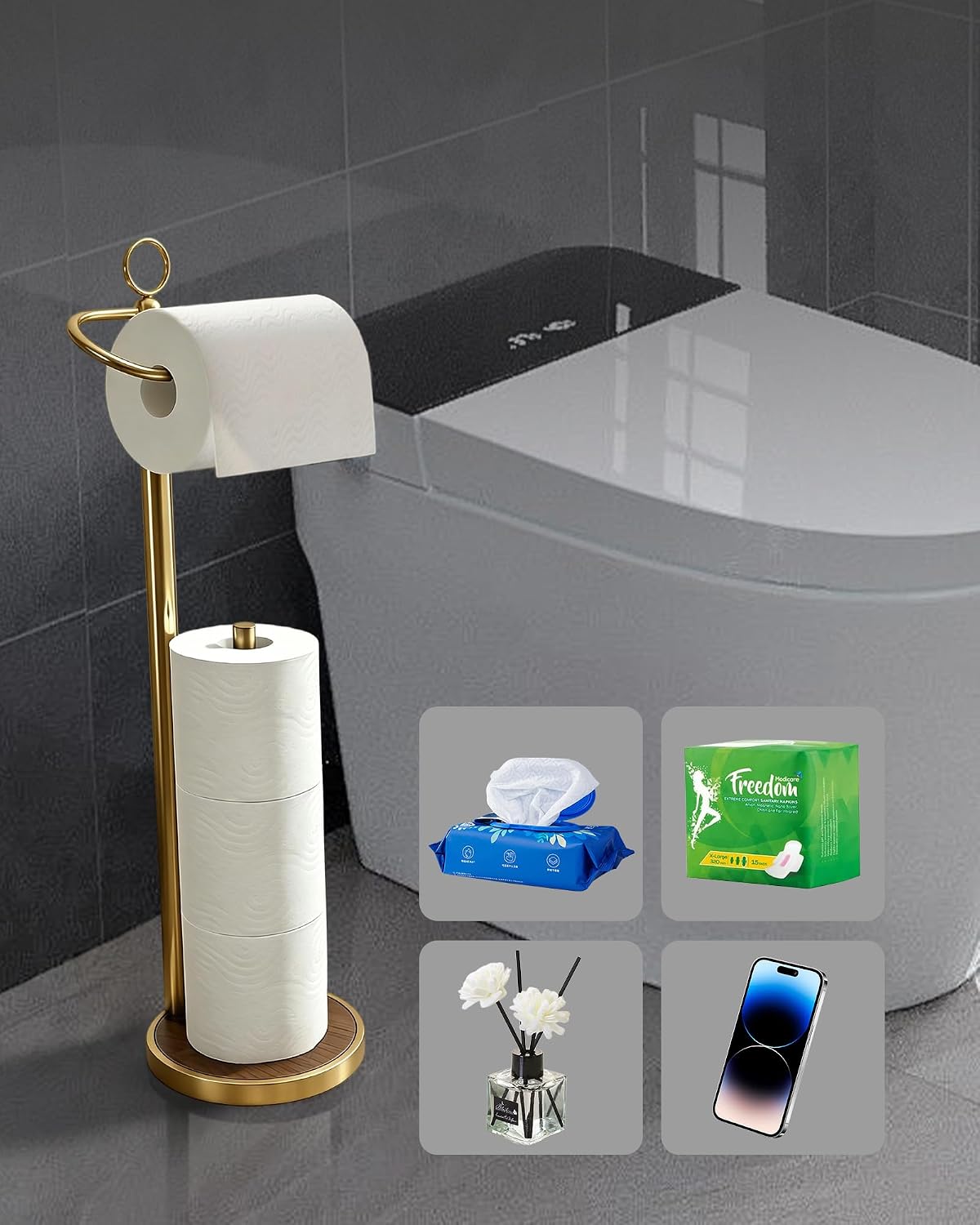 Toilet Paper Holder Stand,Large Capacity Toilet Paper Holder for 4 Rolls,Stable Weighted Base Stainless Steel Rustproof Free Standing 23" H for Bathroom(Gold) image 2